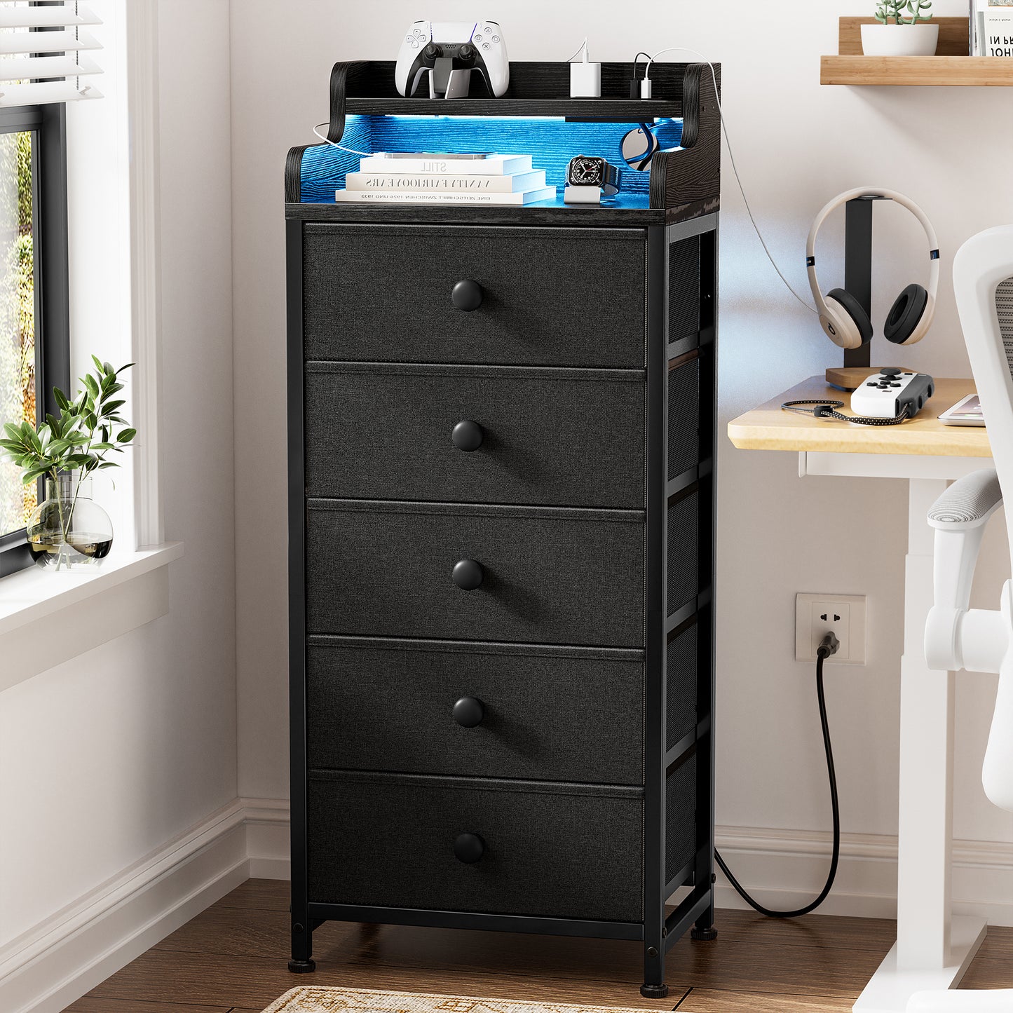 WOWLIVE 5 - Drawer Dresser With 2-Tier Open Shelf, Dresser With Power Outlet & LED, 40.2"H Dresser For Bedroom