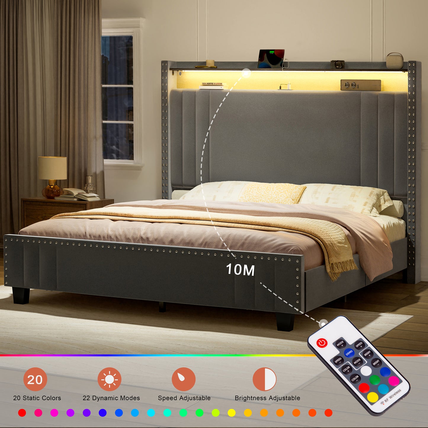 WOWLIVE Upholstered Wingback Bed with 52.12" High Storage Headboard, Modern Upholstered Bed Frame with Outlet & LED Light