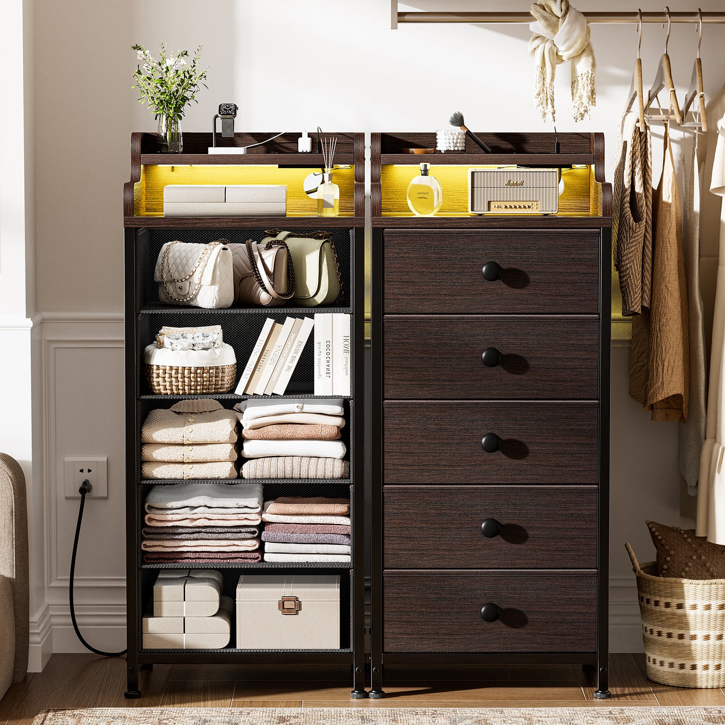 WOWLIVE 5 - Drawer Dresser With 2-Tier Open Shelf, Dresser With Power Outlet & LED, 40.2"H Dresser For Bedroom