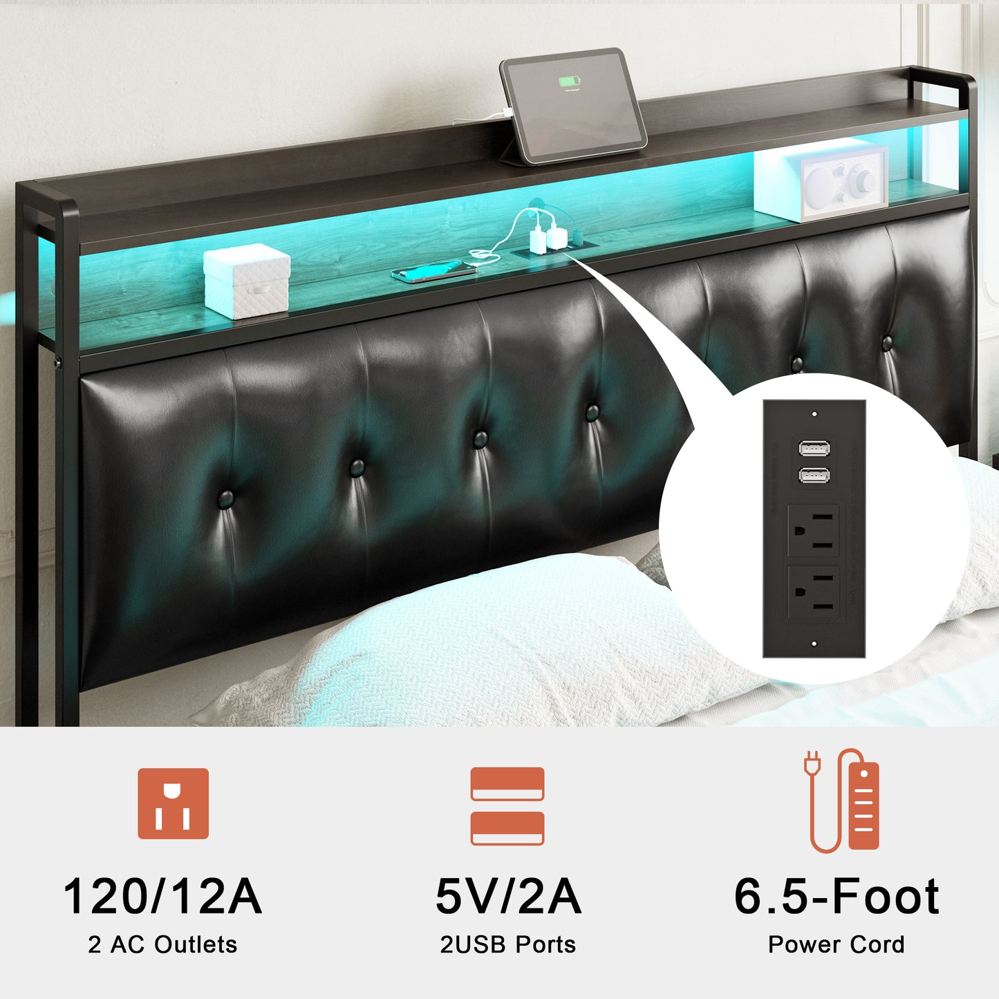 WOWLIVE Bed Frame with Storage Headboard, Metal Platform Bed Frame, Storage Bed with Charging Station and LED Light