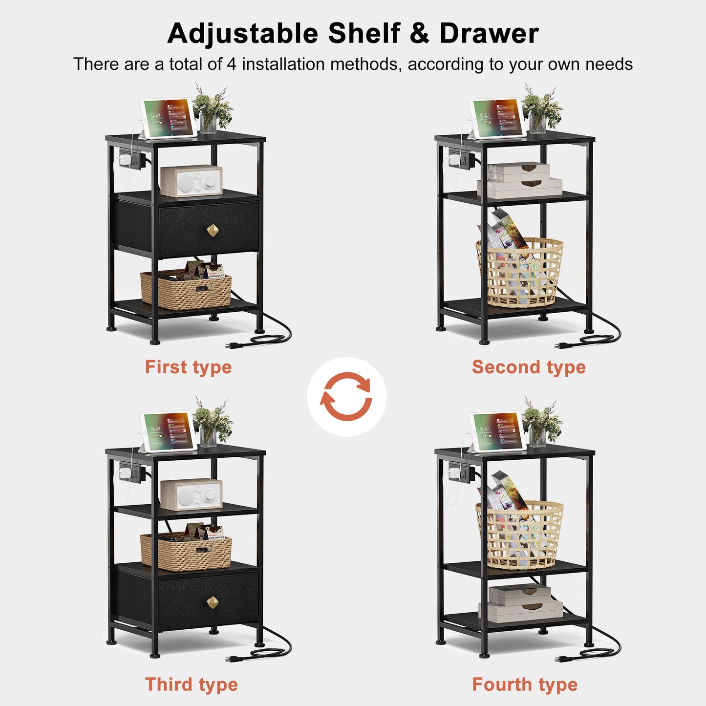 WOWLIVE 23.5in Nightstand with Drawer & Outlets, Modern Bedside Table