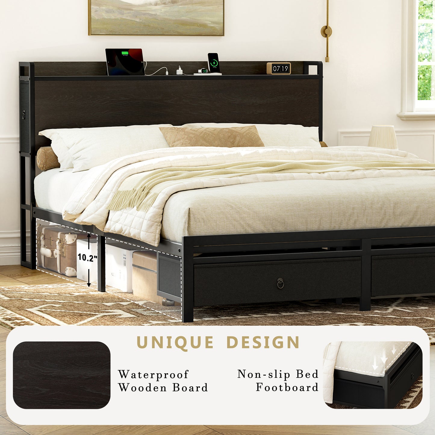 WOWLIVE Bed Frame with 2 Bedside Drawers & 2 Underbed Drawers, Storage Bed with Outlet & Open Shelf