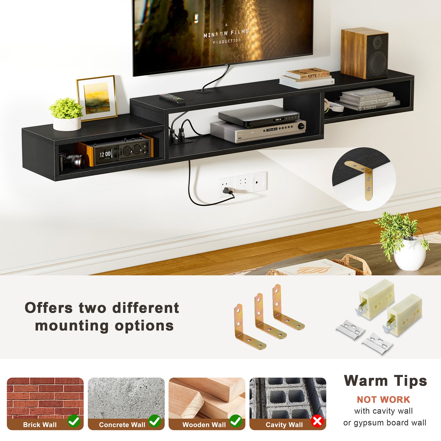 WOWLIVE 60" Floating TV Stand with Electrical Outlets, Media Center