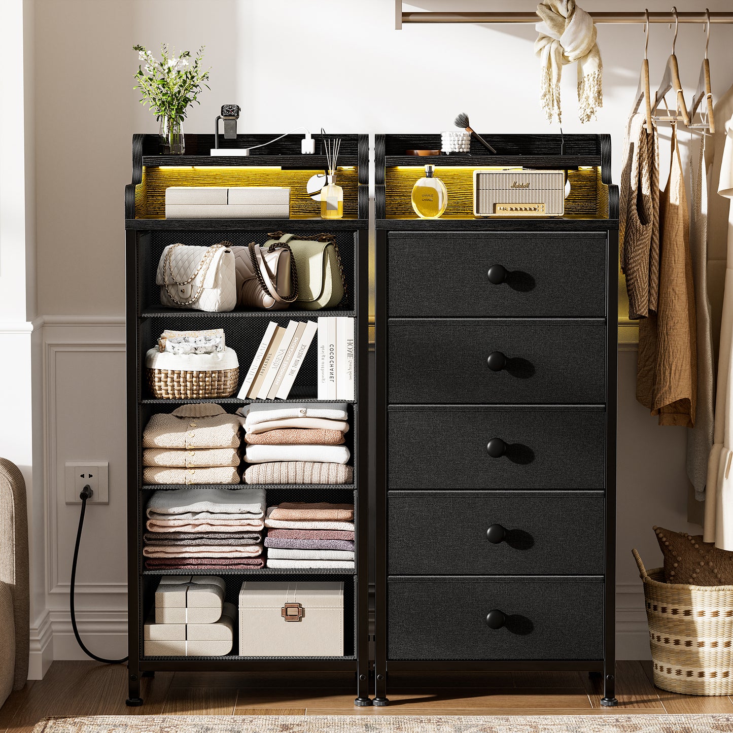 WOWLIVE 5 - Drawer Dresser With 2-Tier Open Shelf, Dresser With Power Outlet & LED, 40.2"H Dresser For Bedroom