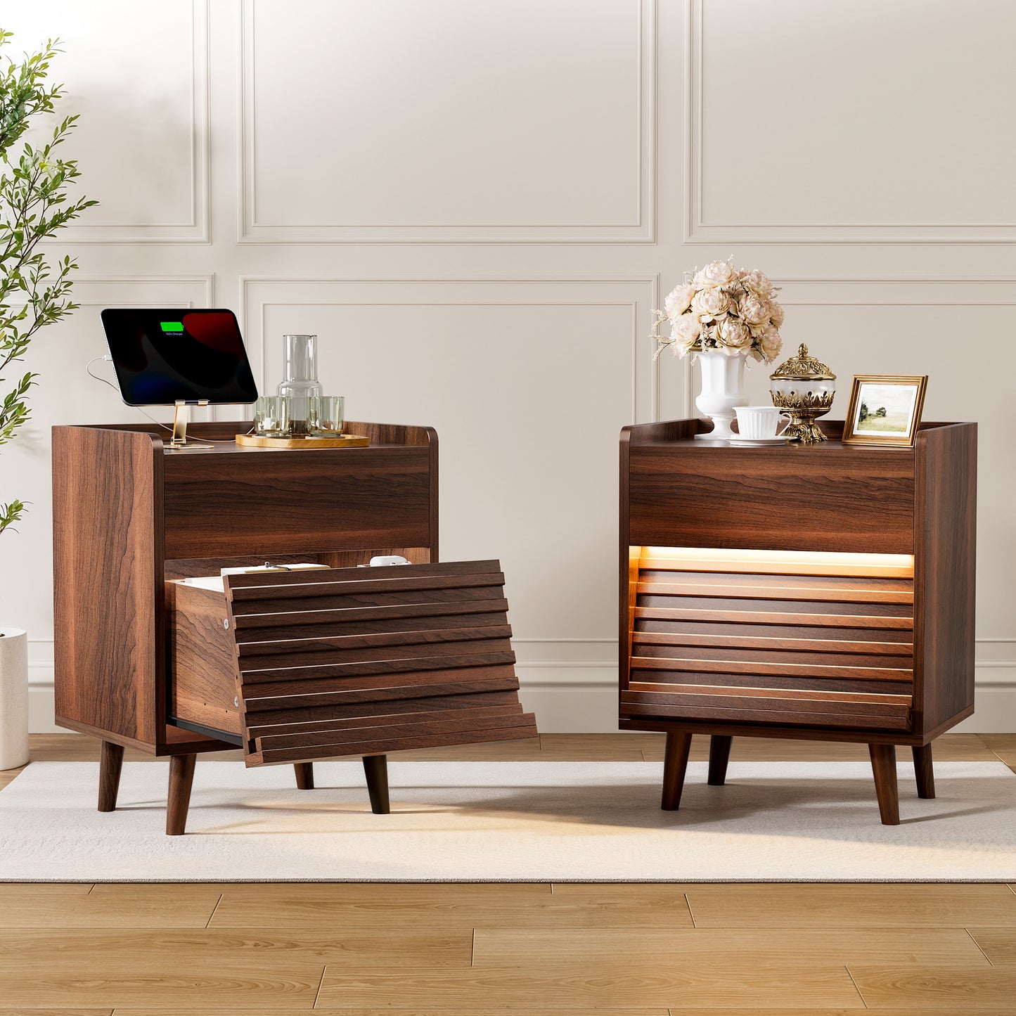WOWLIVE Wooden Nightstand with 2 Drawers, Modern Bedside Table with Outlets & LED Lights, File Cabinet