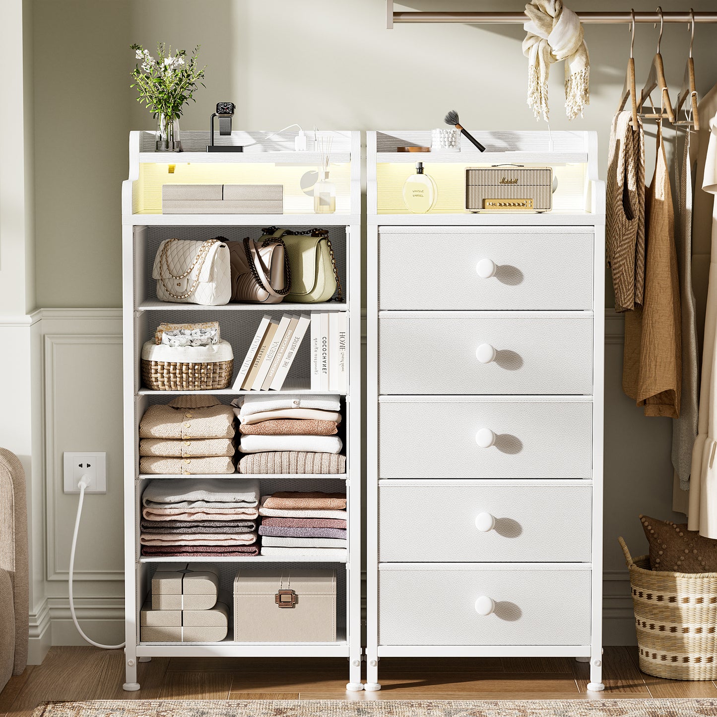 WOWLIVE 5 - Drawer Dresser With 2-Tier Open Shelf, Dresser With Power Outlet & LED, 40.2"H Dresser For Bedroom