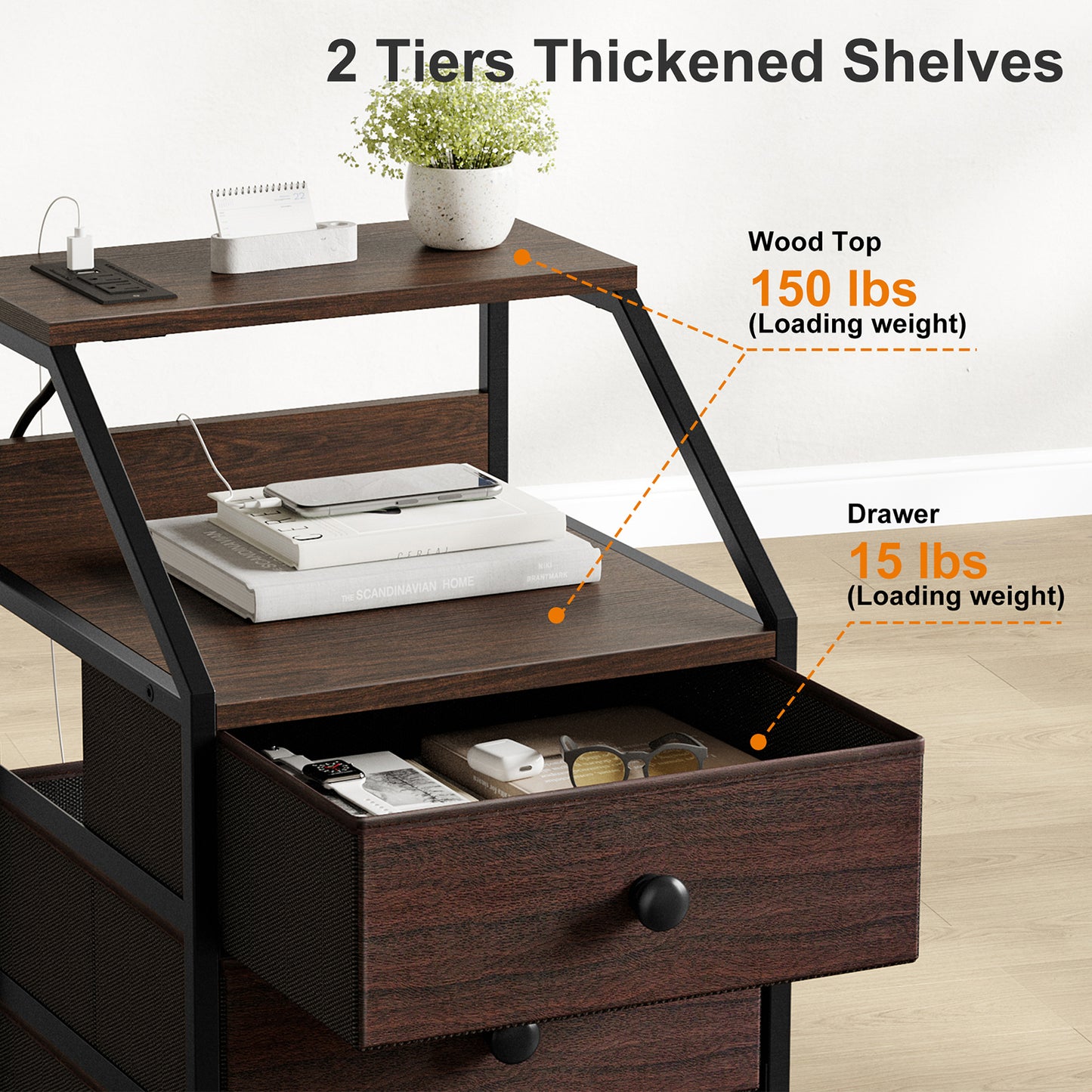 WOWLIVE Nightstands with 3 Drawers & Outlets, Bedside Tables with 2 USB Ports & 2-Tier Open Shelf