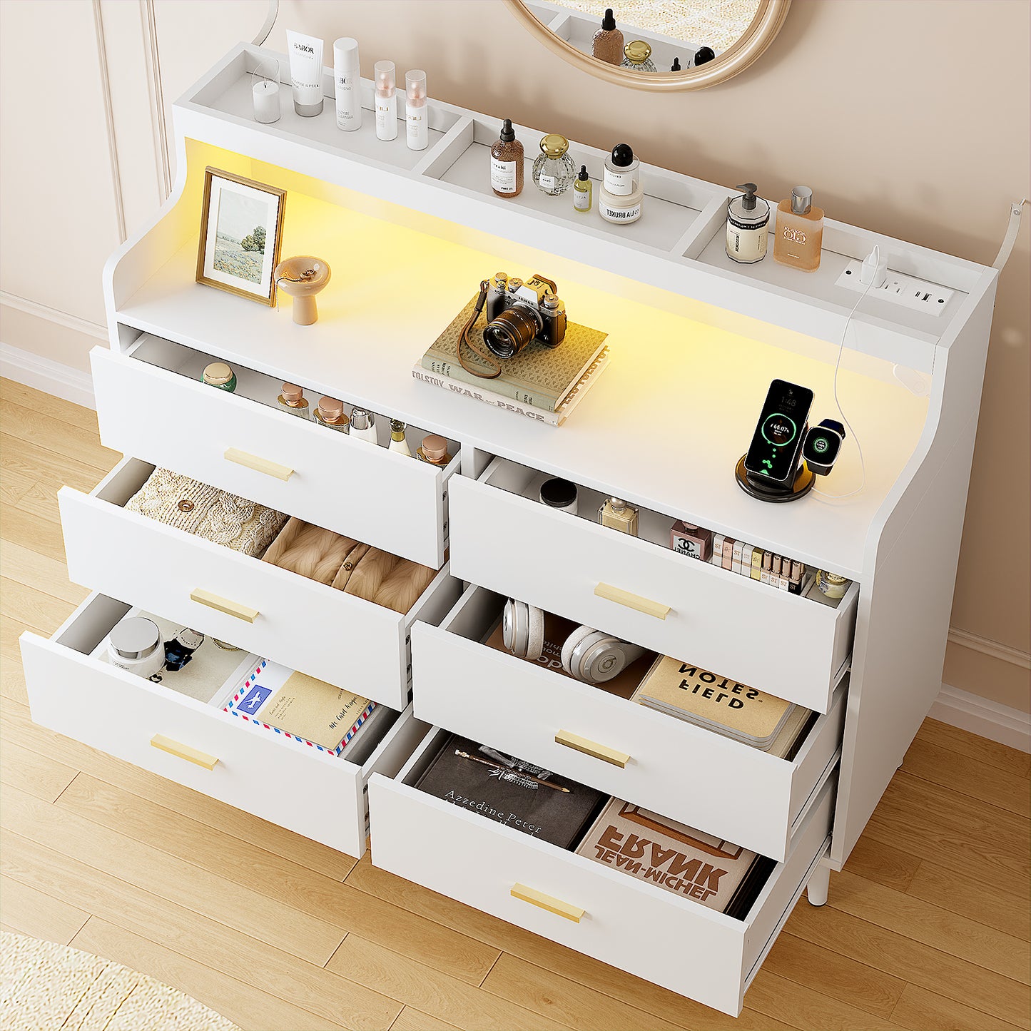 WOWLIVE 6 Drawer Dresser with 2-Tier Open Shelf, Wooden Dresser with Power Outlet & LED Lights, Chest of Drawers Dresser for Bedroom