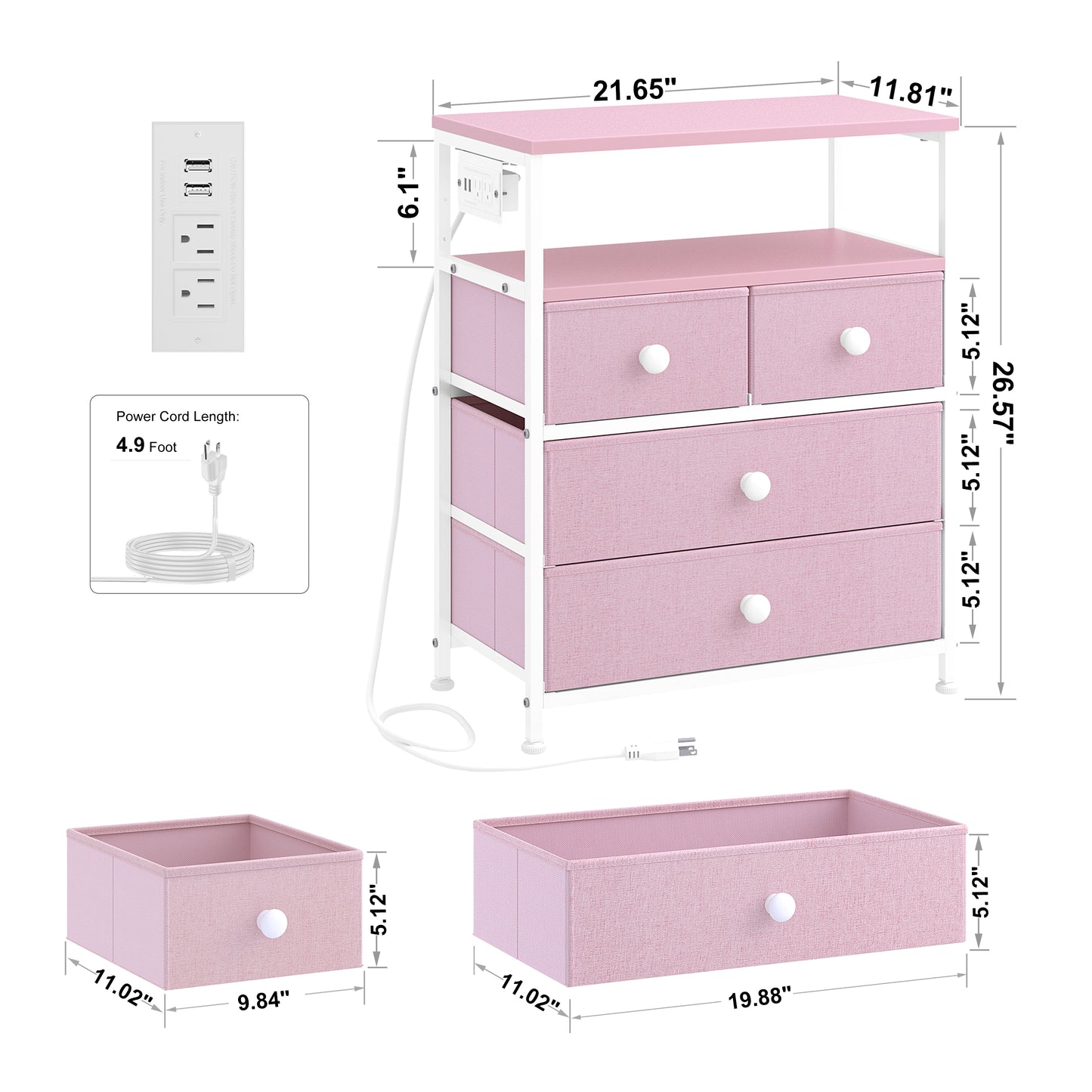 WOWLIVE Nightstand with 4 Drawers & Outlet, Bedside Table with LED Lights & 2-Tier wooden Shelf