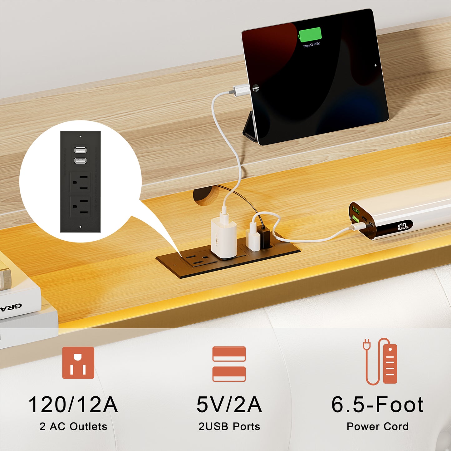 WOWLIVE Bed Frame with Storage Headboard, Metal Platform Bed Frame, Storage Bed with Charging Station and LED Light
