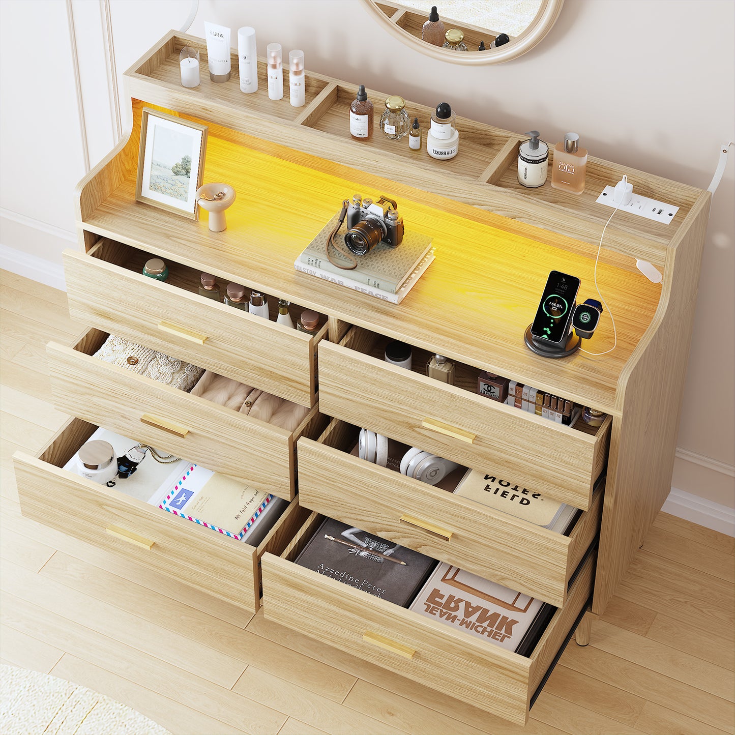 WOWLIVE 6 Drawer Dresser with 2-Tier Open Shelf, Wooden Dresser with Power Outlet & LED Lights, Chest of Drawers Dresser for Bedroom