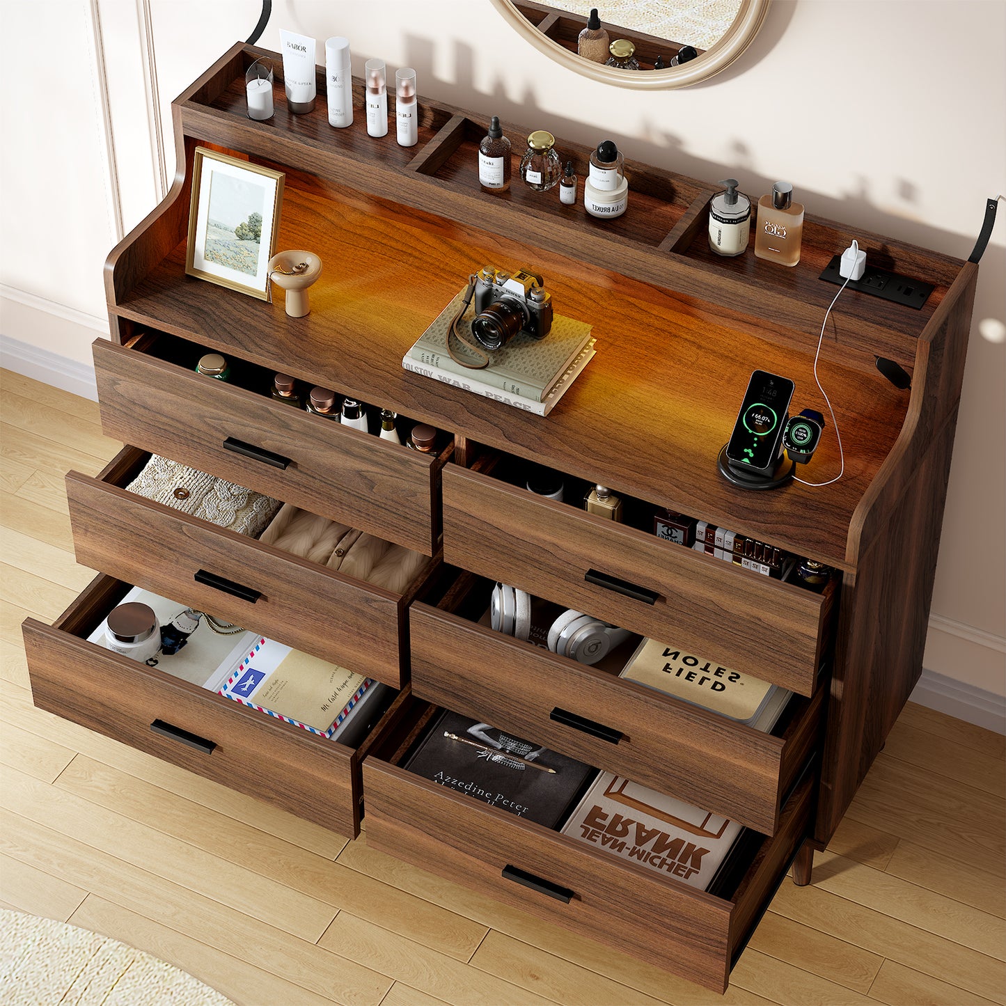 WOWLIVE 6 Drawer Dresser with 2-Tier Open Shelf, Wooden Dresser with Power Outlet & LED Lights, Chest of Drawers Dresser for Bedroom