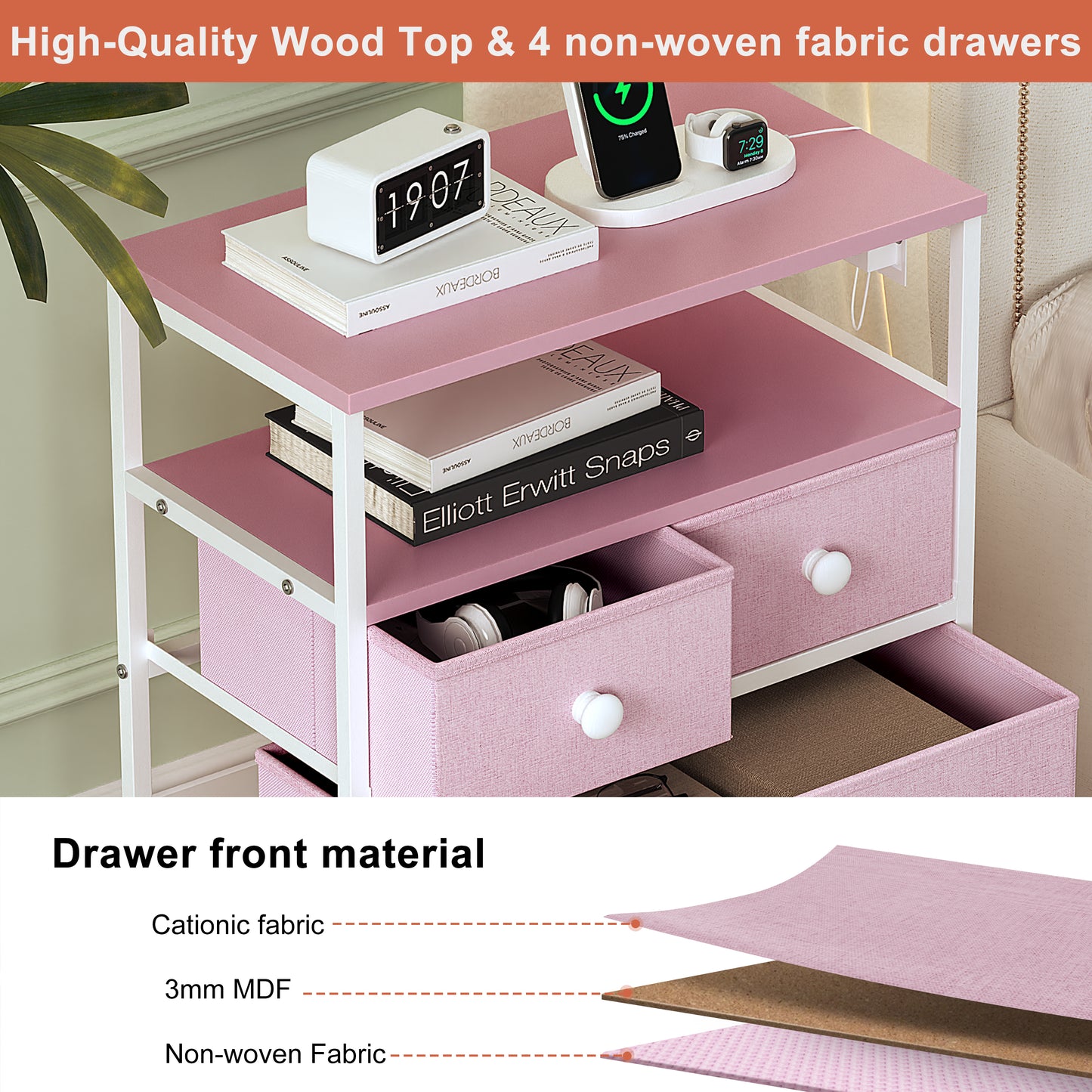 WOWLIVE Nightstand with 4 Drawers & Outlet, Bedside Table with LED Lights & 2-Tier wooden Shelf