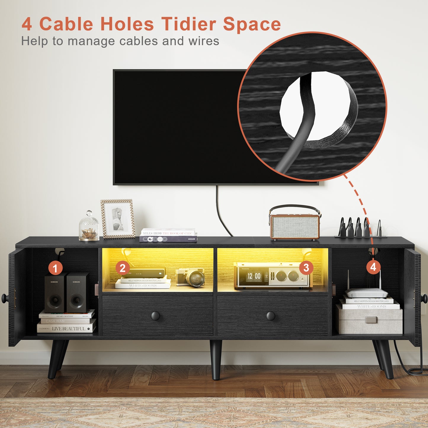 WOWLIVE 59"&70" LED Wood TV Stand with Power Outlets, Modern Entertainment Center for TVs