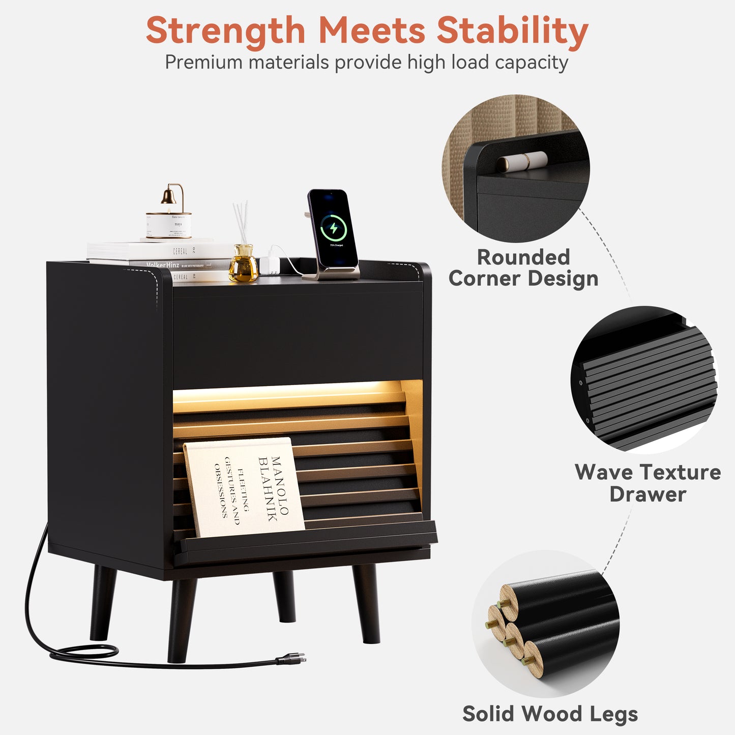 WOWLIVE Wooden Nightstand with 2 Drawers, Modern Bedside Table with Outlets & LED Lights, File Cabinet