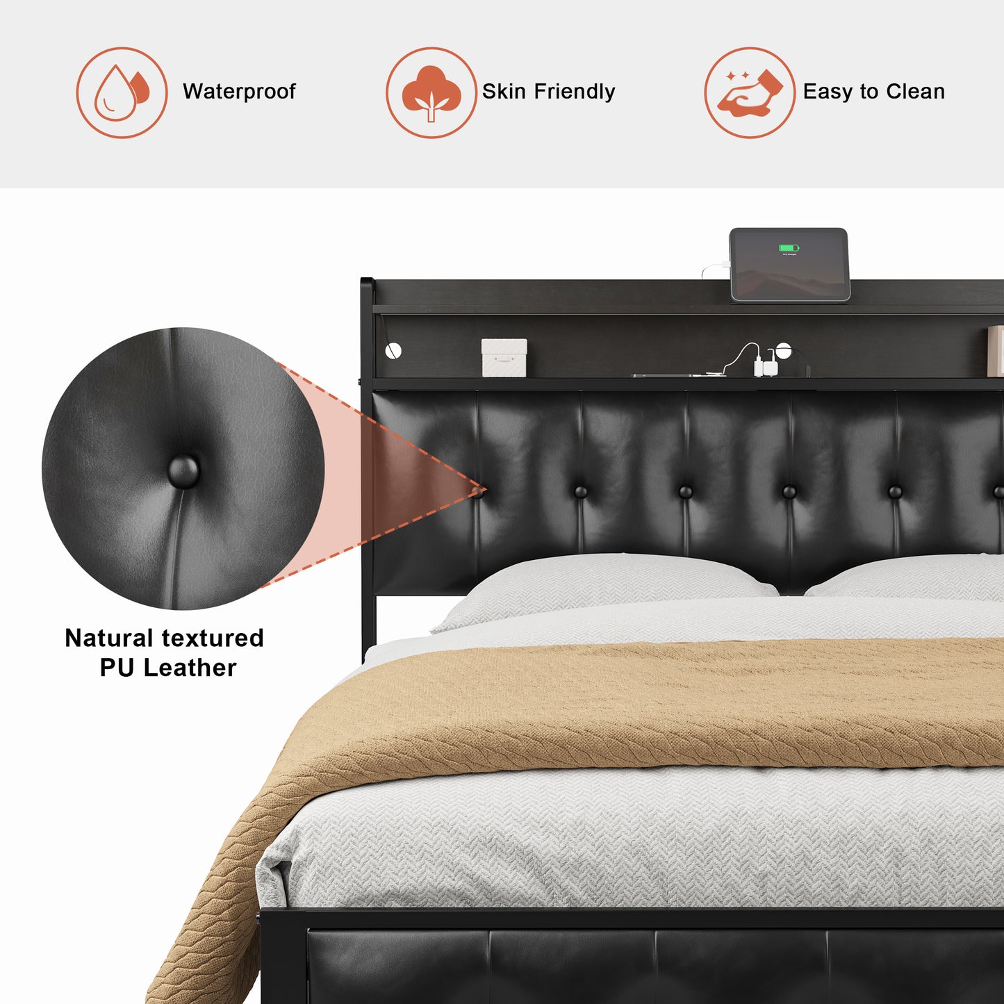 WOWLIVE Bed Frame with Storage Headboard, Metal Platform Bed Frame, Storage Bed with Charging Station and LED Light