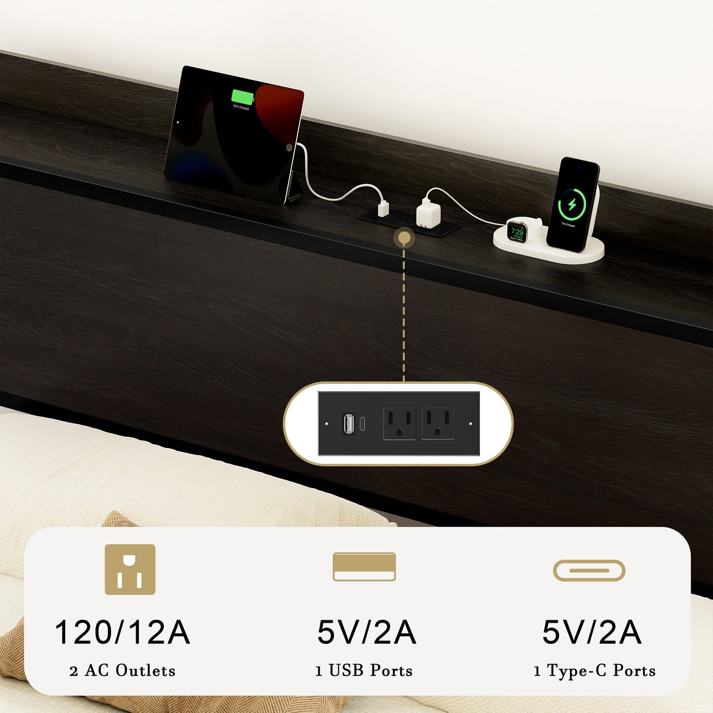 WOWLIVE Bed Frame with 2 Bedside Drawers & 2 Underbed Drawers, Storage Bed with Outlet & Open Shelf
