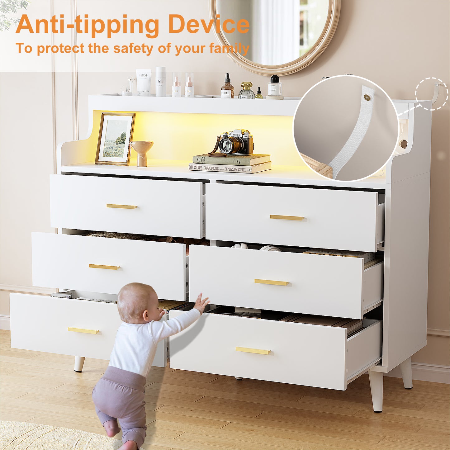 WOWLIVE 6 Drawer Dresser with 2-Tier Open Shelf, Wooden Dresser with Power Outlet & LED Lights, Chest of Drawers Dresser for Bedroom