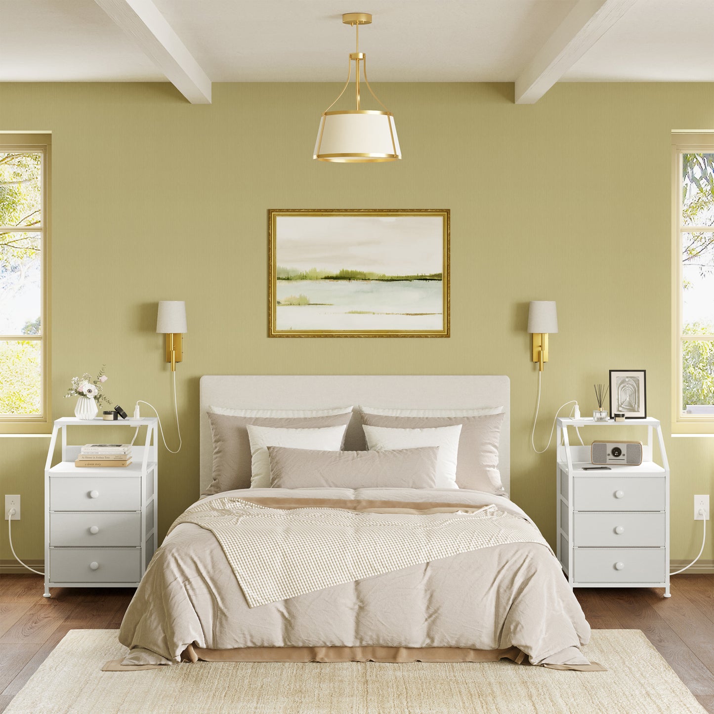 WOWLIVE Nightstands with 3 Drawers & Outlets, Bedside Tables with 2 USB Ports & 2-Tier Open Shelf