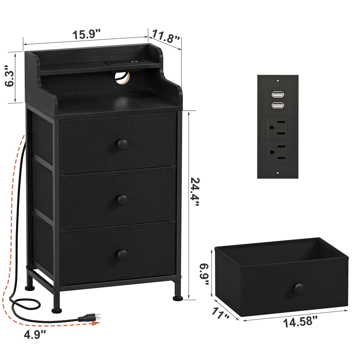 WOWLIVE Nightstand With 3 Drawers & 2-Tier Open Shelf, Bedside Table With LED& 2 USB Ports, Stable Metal Frame