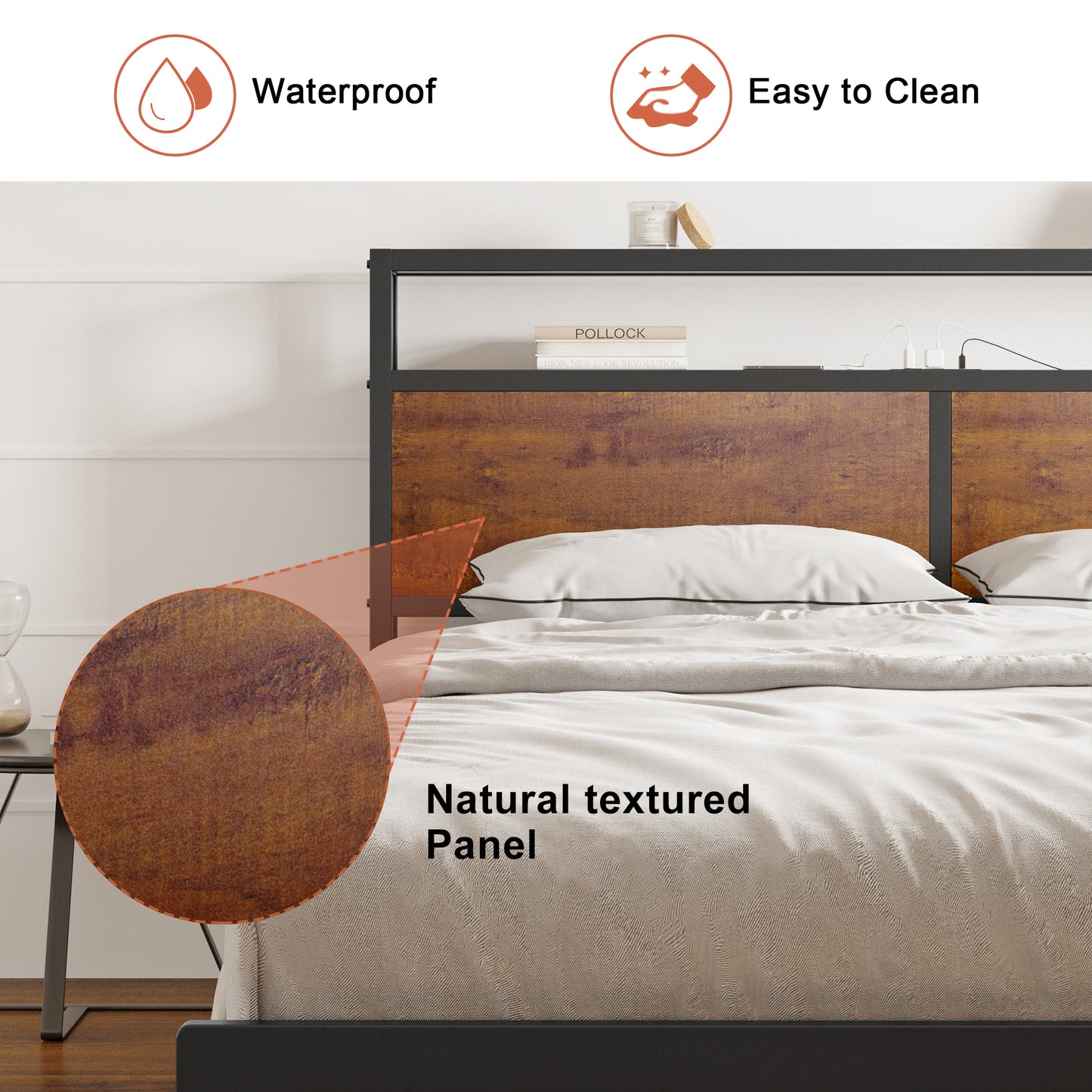 WOWLIVE Bed Frame with LED Light and Charging Station, Metal Frame with Storage Headboard, Large Storage Space, No Spring Box Needed