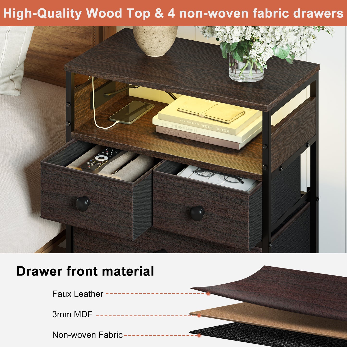 WOWLIVE Nightstand with 4 Drawers & Outlet, Bedside Table with LED Lights & 2-Tier wooden Shelf