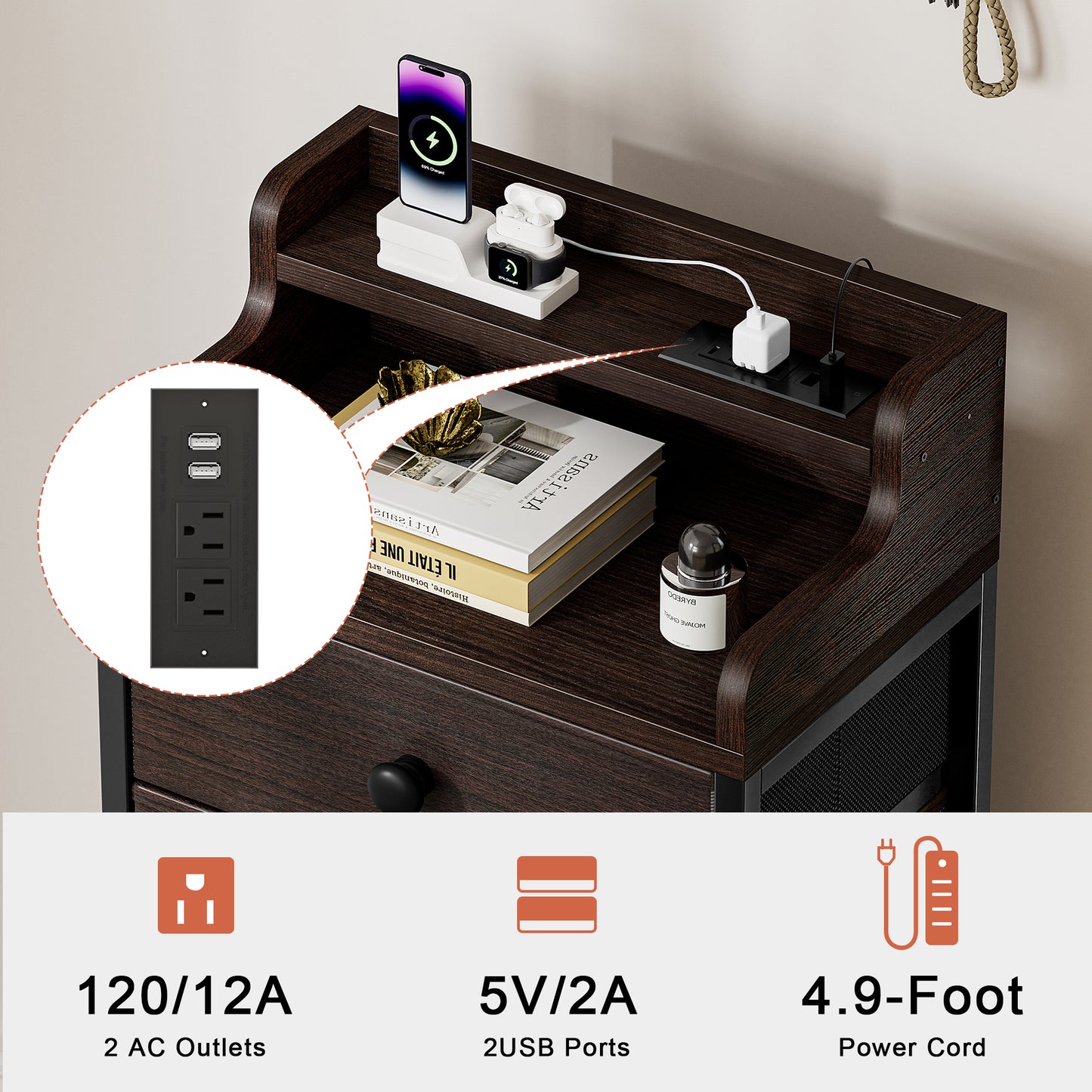 WOWLIVE 5 - Drawer Dresser With 2-Tier Open Shelf, Dresser With Power Outlet & LED, 40.2"H Dresser For Bedroom