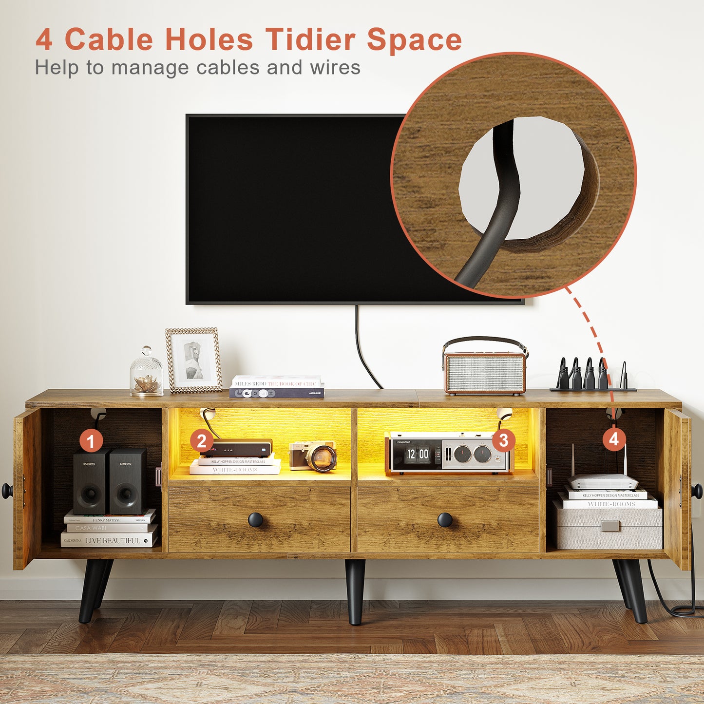 WOWLIVE 59"&70" LED Wood TV Stand with Power Outlets, Modern Entertainment Center for TVs