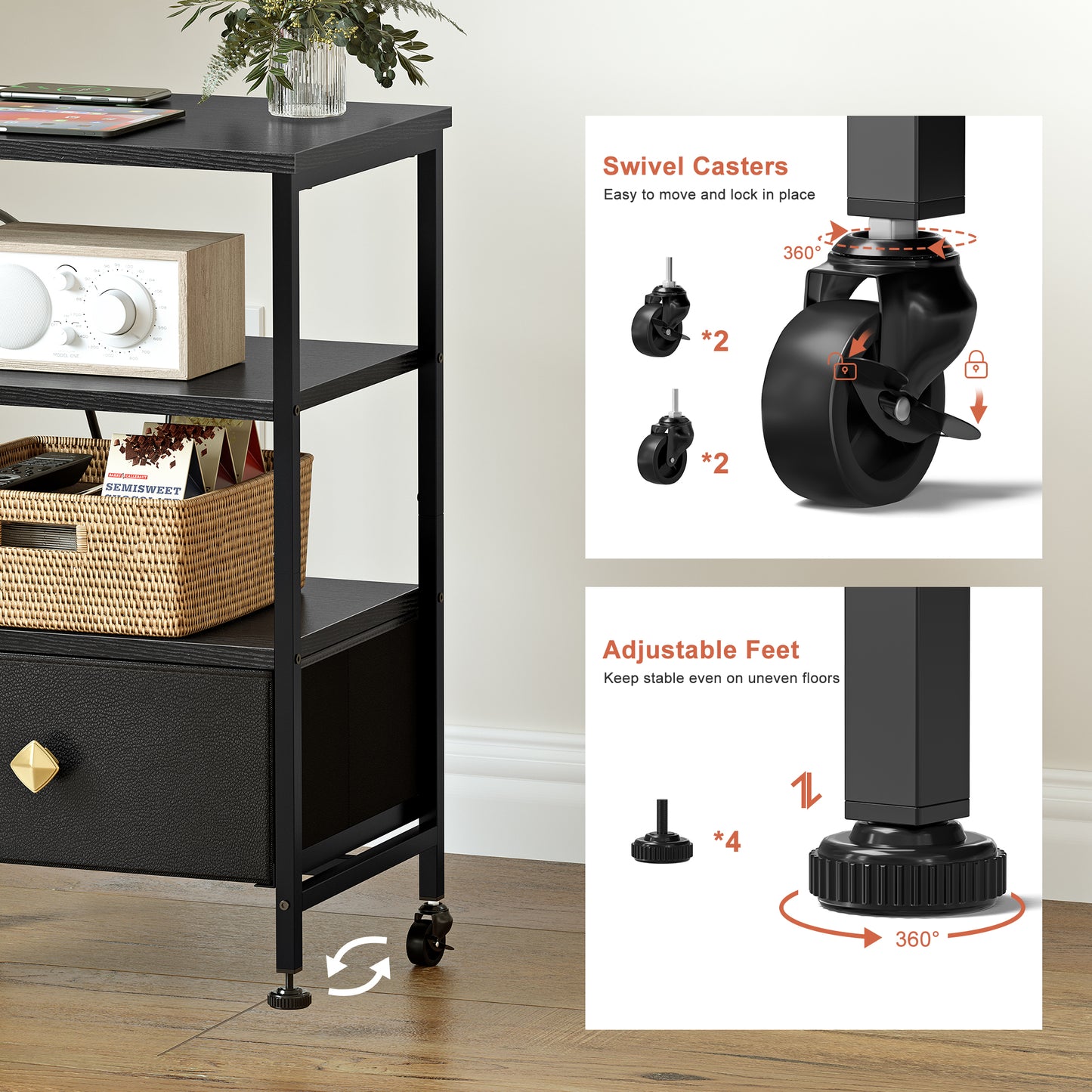 WOWLIVE 23.5in Nightstand with Drawer & Outlets, Modern Bedside Table