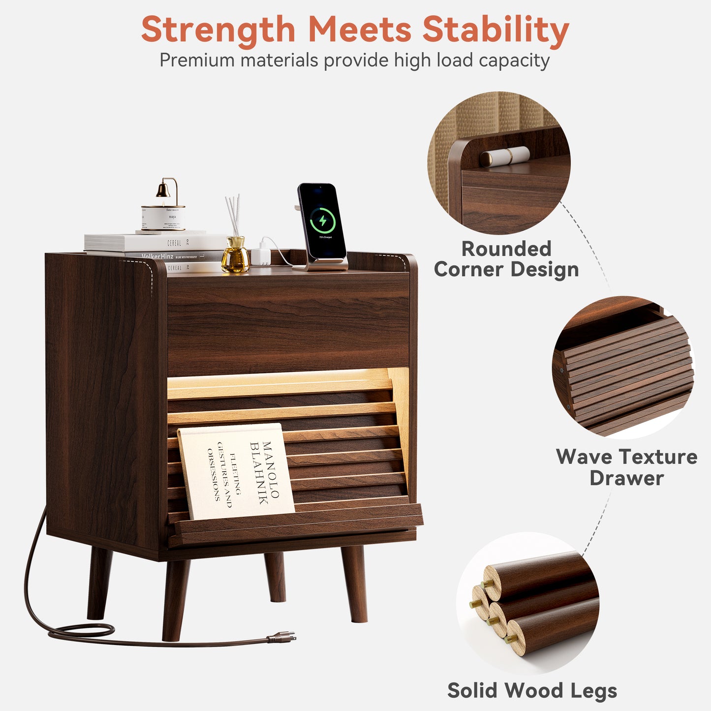 WOWLIVE Wooden Nightstand with 2 Drawers, Modern Bedside Table with Outlets & LED Lights, File Cabinet