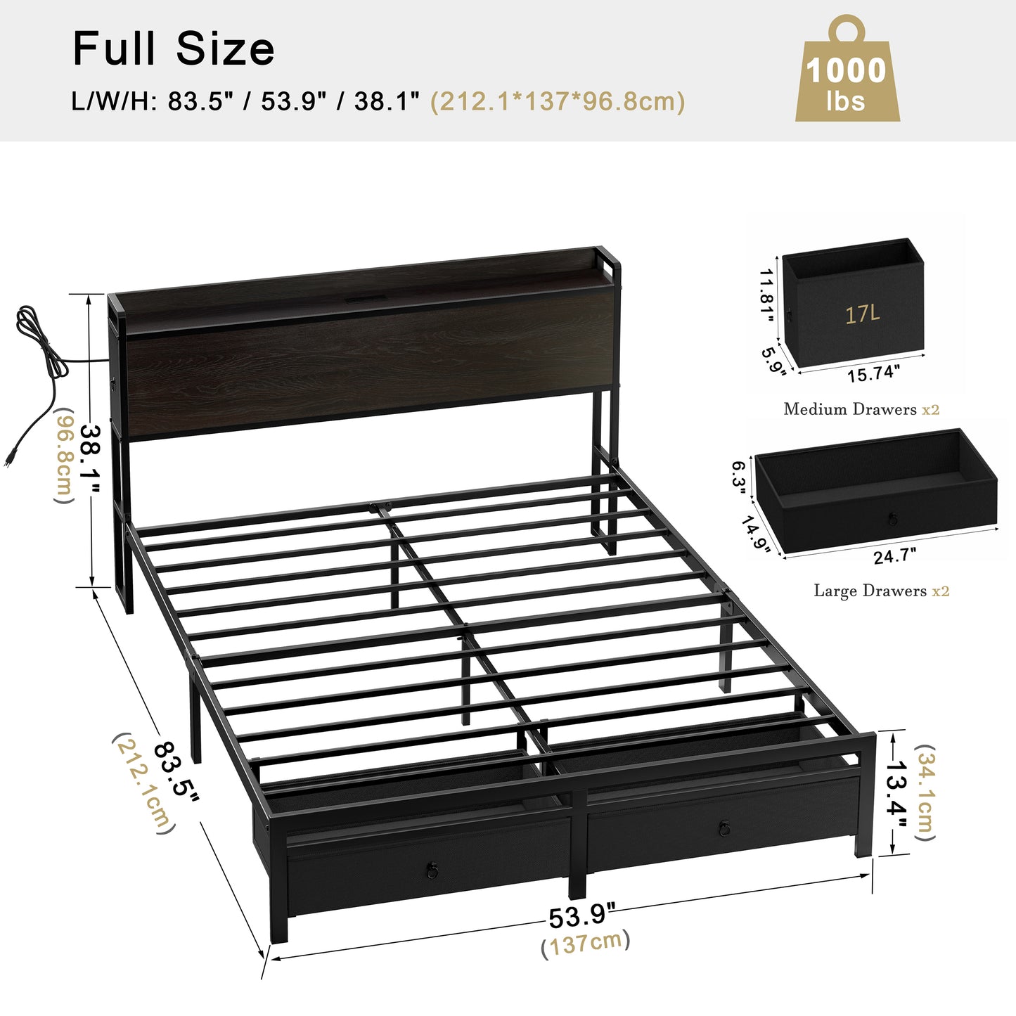 WOWLIVE Bed Frame with 2 Bedside Drawers & 2 Underbed Drawers, Storage Bed with Outlet & Open Shelf