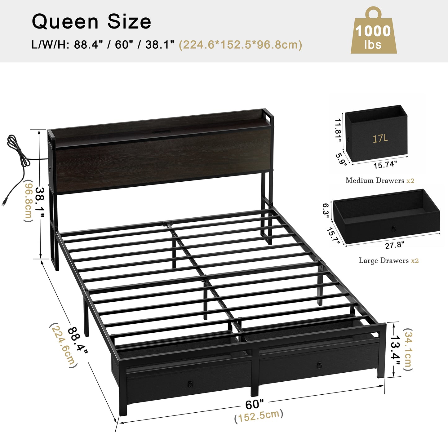 WOWLIVE Bed Frame with 2 Bedside Drawers & 2 Underbed Drawers, Storage Bed with Outlet & Open Shelf