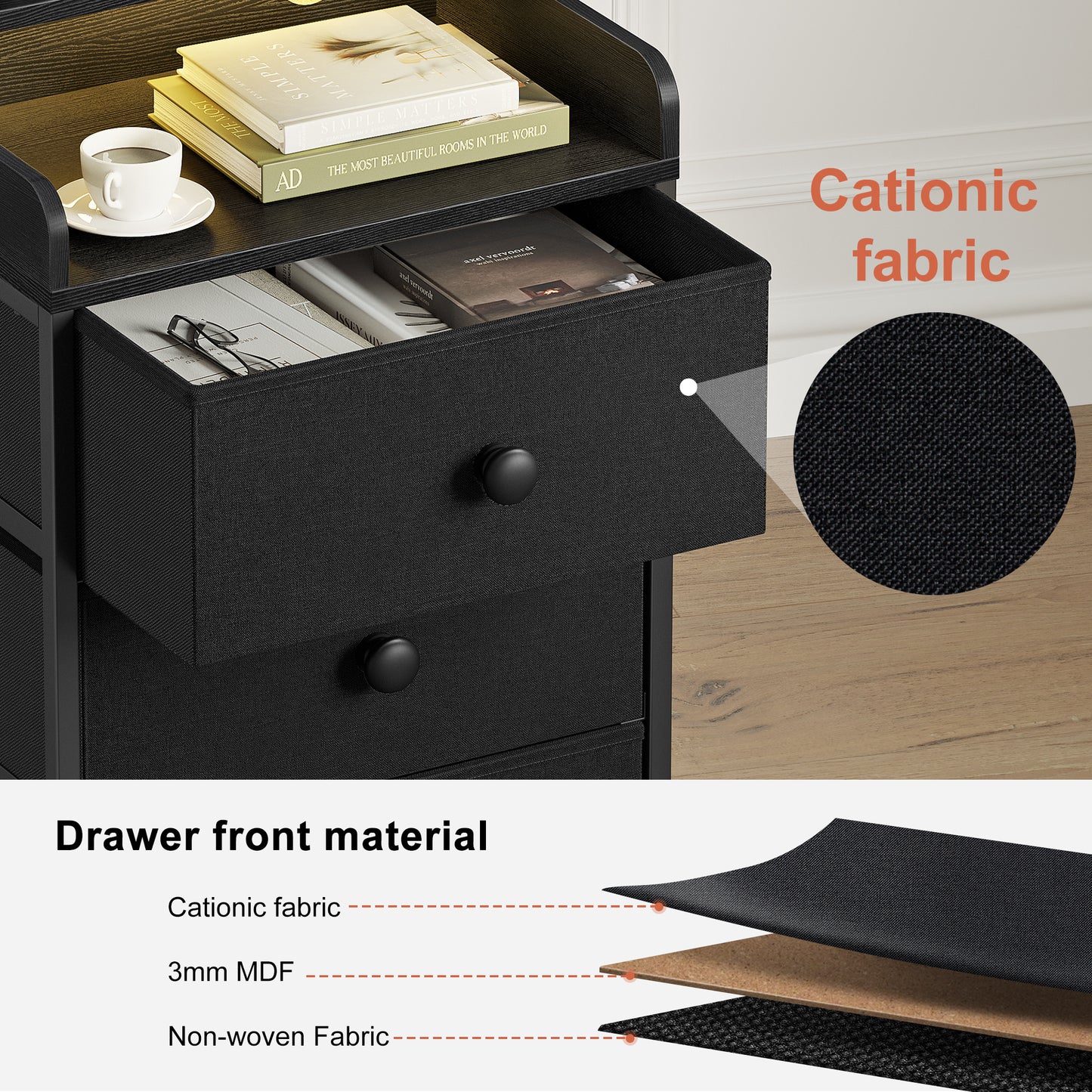 WOWLIVE Nightstand With 3 Drawers & 2-Tier Open Shelf, Bedside Table With LED& 2 USB Ports, Stable Metal Frame