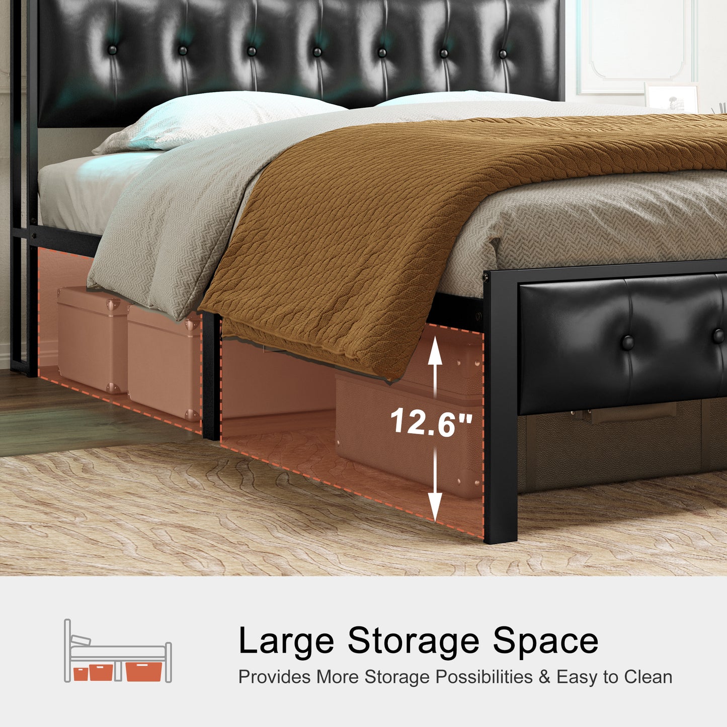 WOWLIVE Bed Frame with Storage Headboard, Metal Platform Bed Frame, Storage Bed with Charging Station and LED Light