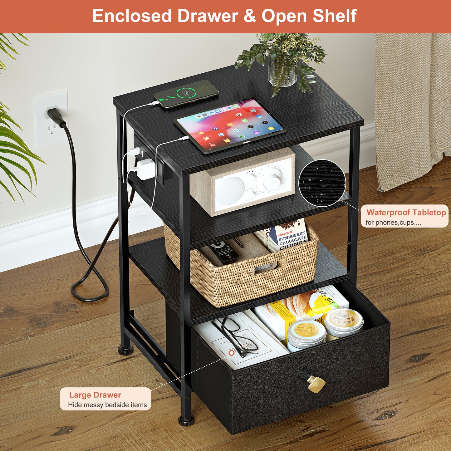 WOWLIVE 23.5in Nightstand with Drawer & Outlets, Modern Bedside Table