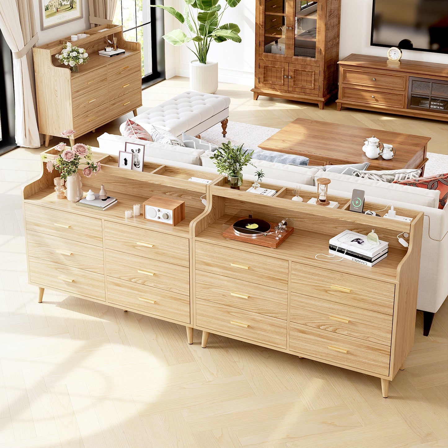WOWLIVE 6 Drawer Dresser with 2-Tier Open Shelf, Wooden Dresser with Power Outlet & LED Lights, Chest of Drawers Dresser for Bedroom