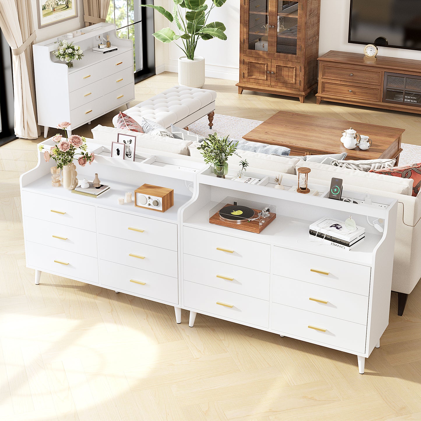 WOWLIVE 6 Drawer Dresser with 2-Tier Open Shelf, Wooden Dresser with Power Outlet & LED Lights, Chest of Drawers Dresser for Bedroom