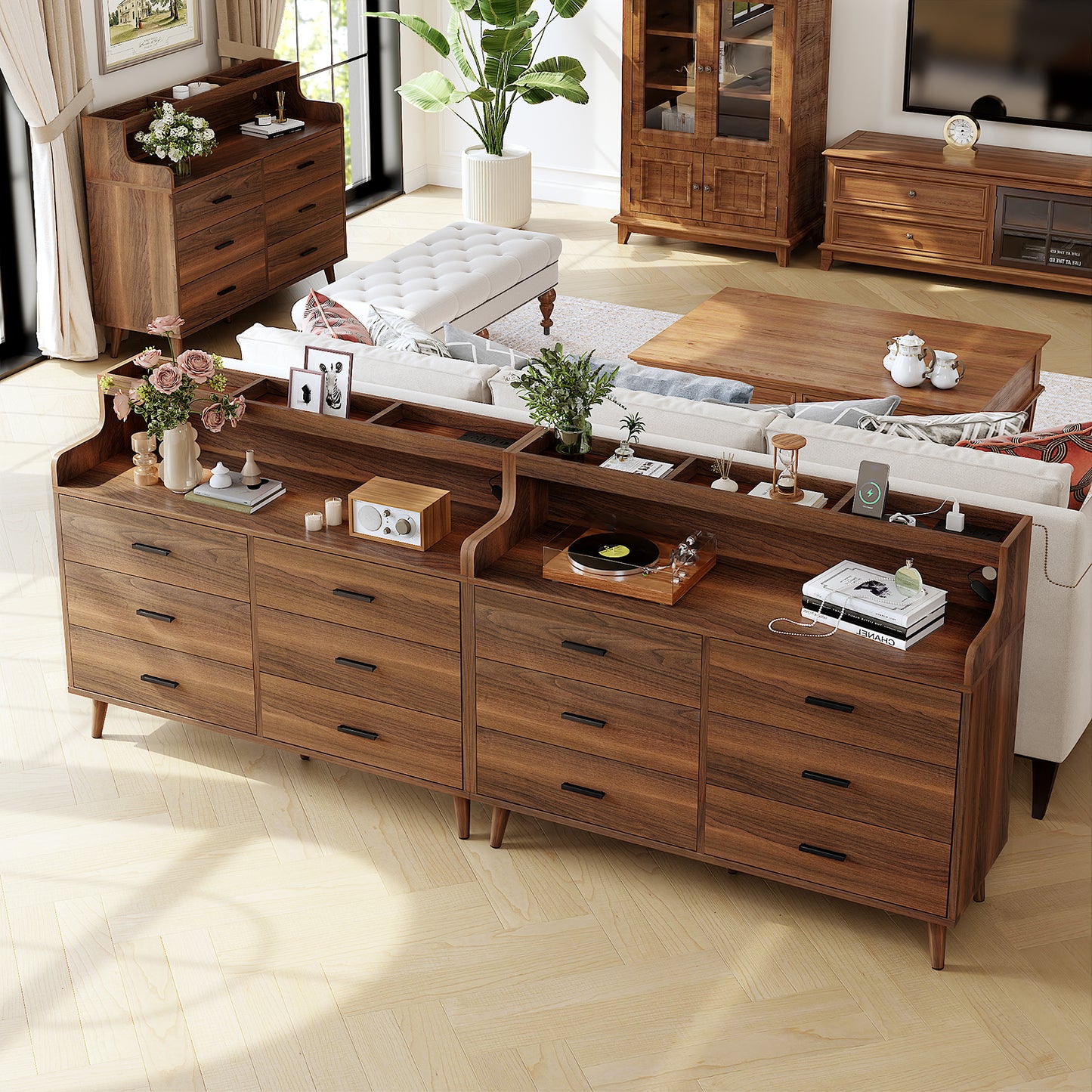 WOWLIVE 6 Drawer Dresser with 2-Tier Open Shelf, Wooden Dresser with Power Outlet & LED Lights, Chest of Drawers Dresser for Bedroom