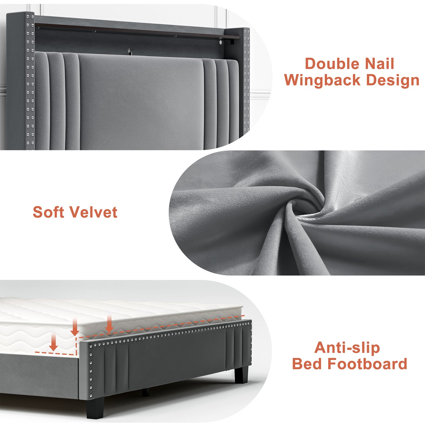 WOWLIVE Upholstered Wingback Bed with 52.12" High Storage Headboard, Modern Upholstered Bed Frame with Outlet & LED Light
