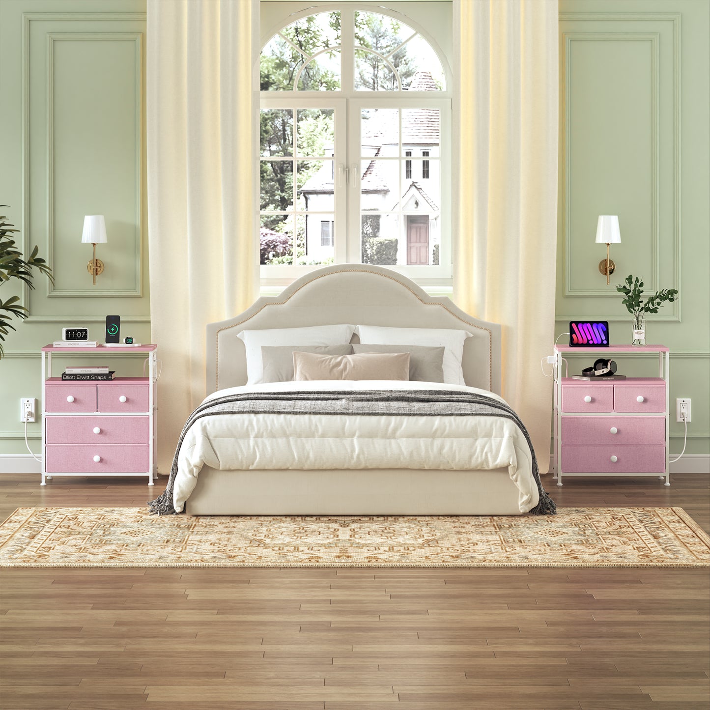 WOWLIVE Nightstand with 4 Drawers & Outlet, Bedside Table with LED Lights & 2-Tier wooden Shelf
