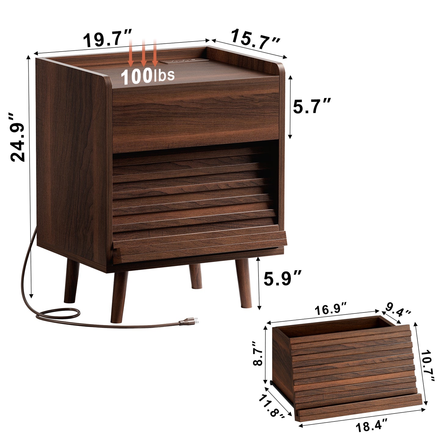 WOWLIVE Wooden Nightstand with 2 Drawers, Modern Bedside Table with Outlets & LED Lights, File Cabinet
