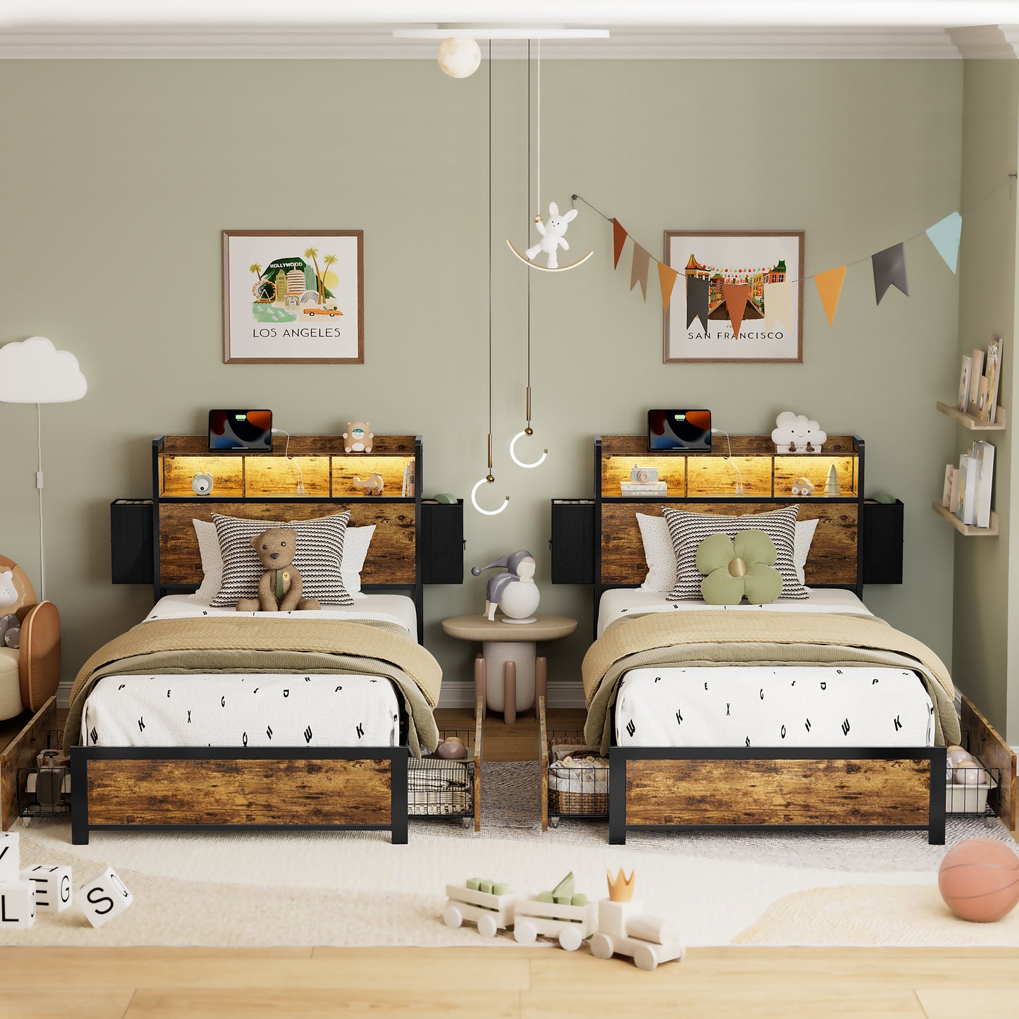 WOWLIVE Bed Frame with 2 Underbed Drawers & 2 Bedside Drawers, Modern Bed with Charging Station & LED Light