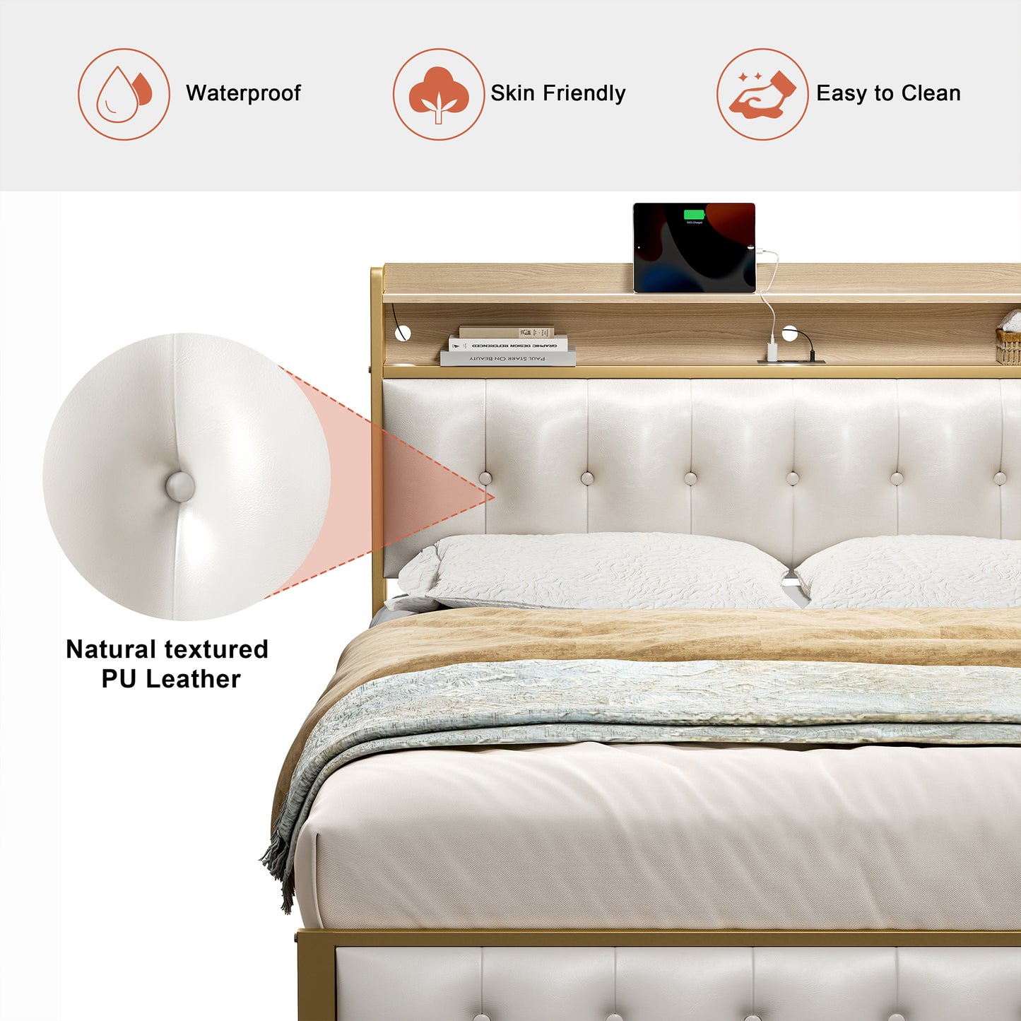 WOWLIVE Bed Frame with Storage Headboard, Metal Platform Bed Frame, Storage Bed with Charging Station and LED Light