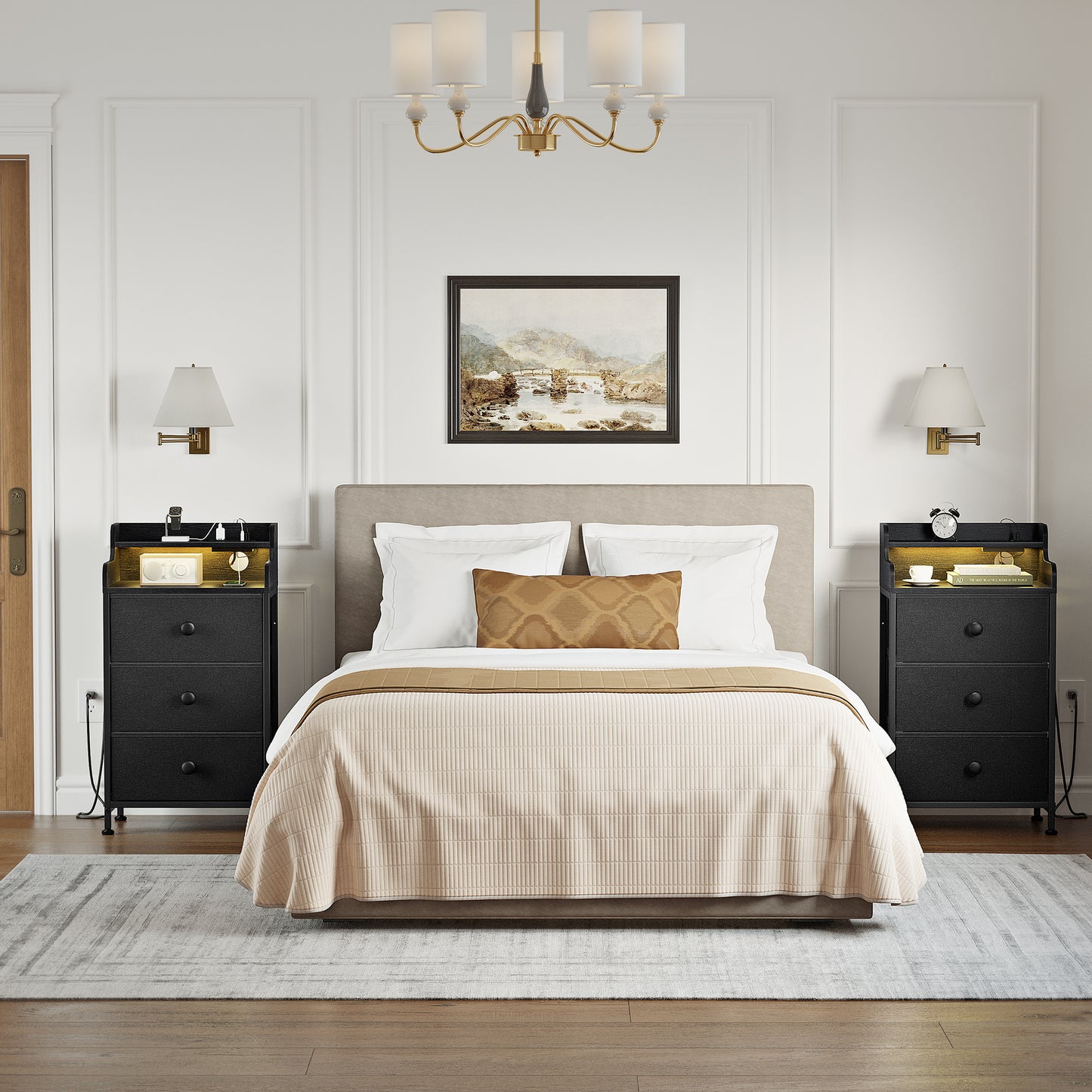 WOWLIVE Nightstand With 3 Drawers & 2-Tier Open Shelf, Bedside Table With LED& 2 USB Ports, Stable Metal Frame