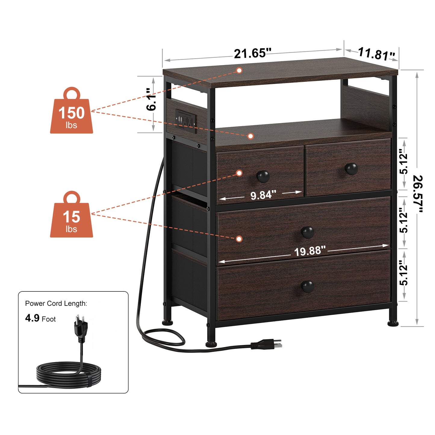 WOWLIVE Nightstand with 4 Drawers & Outlet, Bedside Table with LED Lights & 2-Tier wooden Shelf