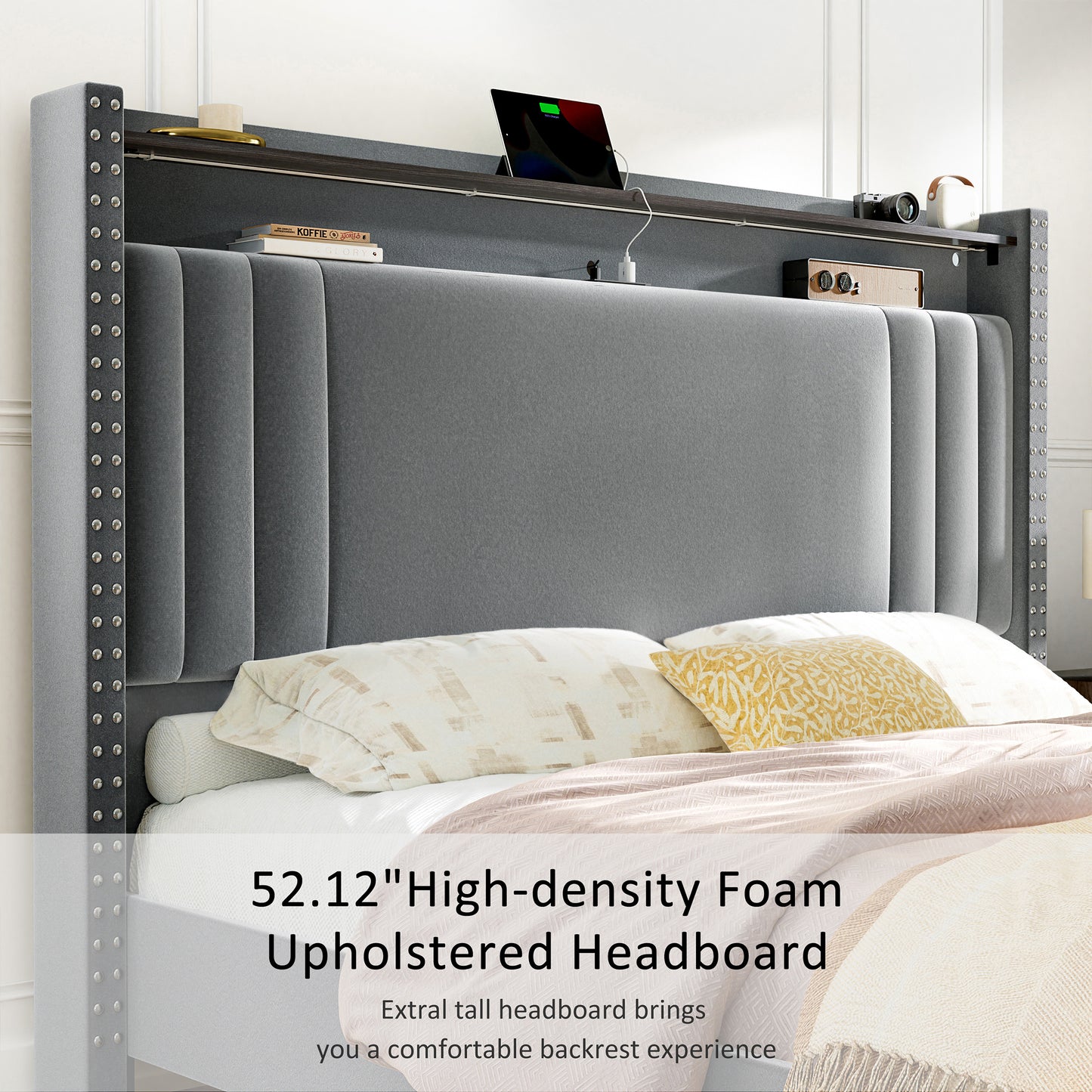 WOWLIVE Upholstered Wingback Bed with 52.12" High Storage Headboard, Modern Upholstered Bed Frame with Outlet & LED Light