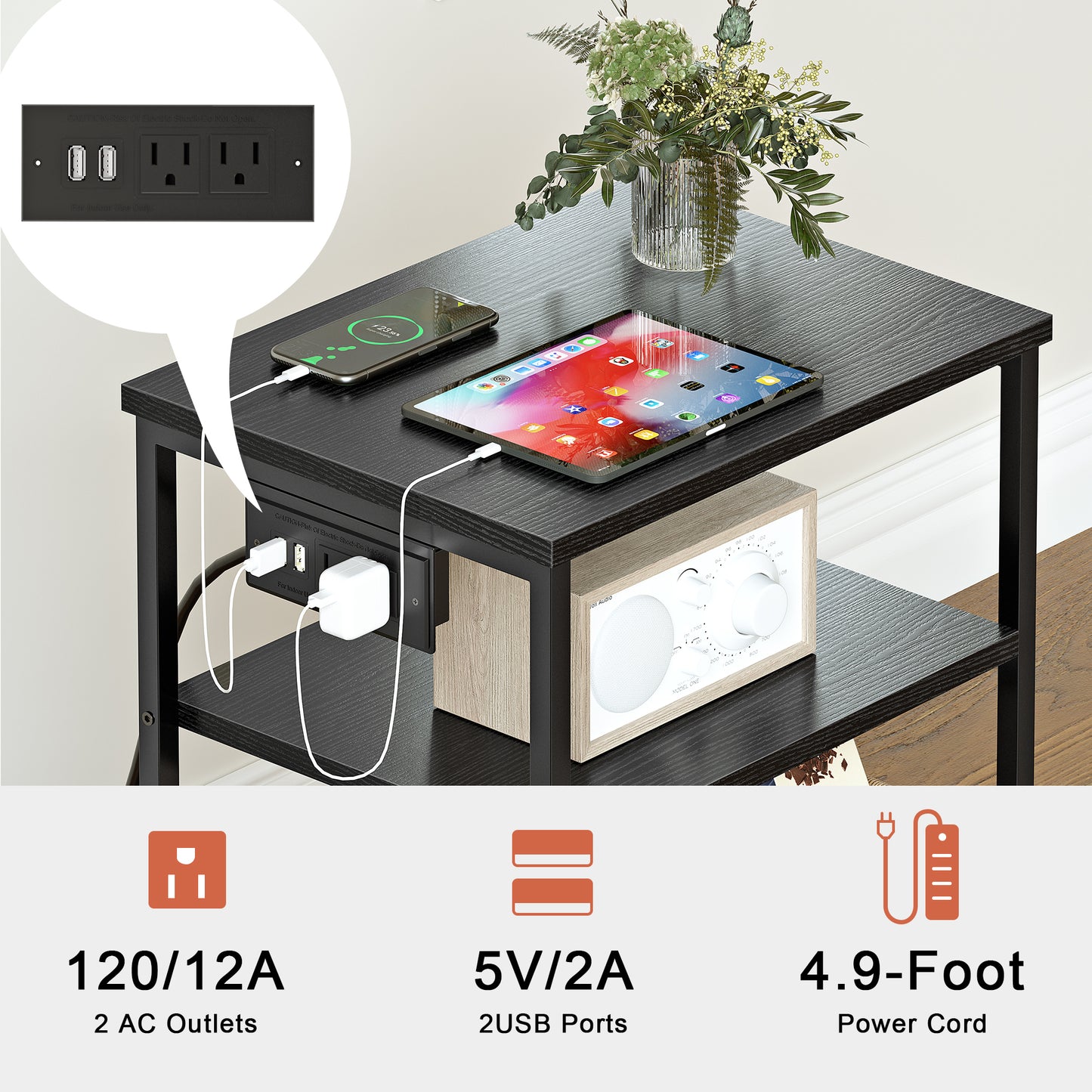 WOWLIVE 23.5in Nightstand with Drawer & Outlets, Modern Bedside Table