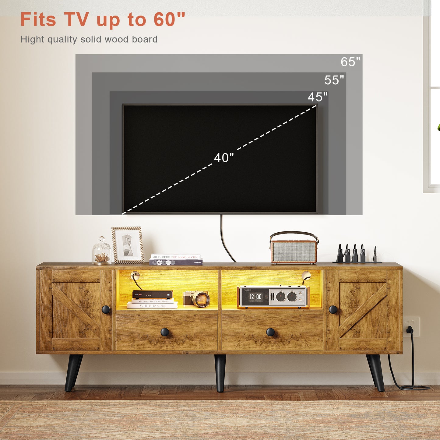 WOWLIVE 59"&70" LED Wood TV Stand with Power Outlets, Modern Entertainment Center for TVs