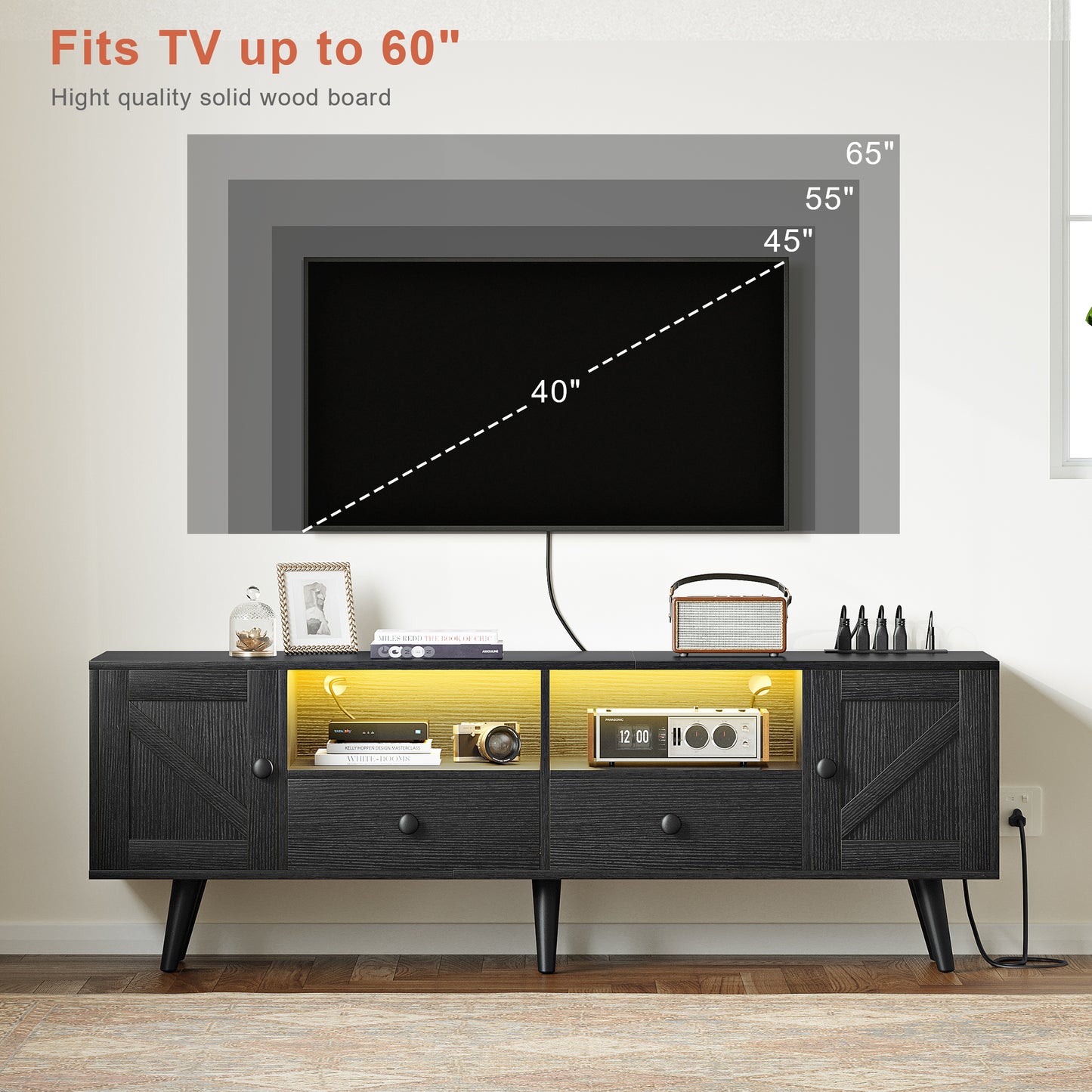WOWLIVE 59"&70" LED Wood TV Stand with Power Outlets, Modern Entertainment Center for TVs