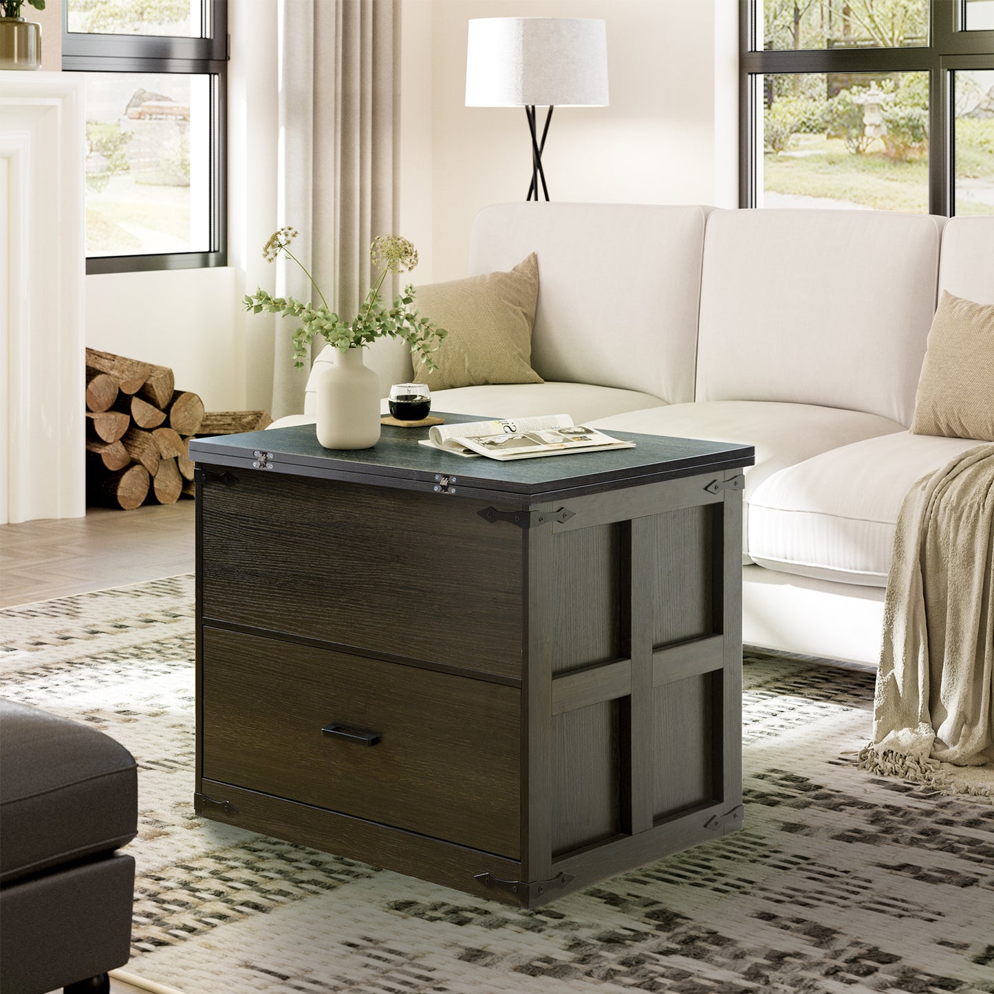 WOWLIVE Farmhourse Wood Square Coffee Table, Lift Top Coffee Table with 4-in-1 Storage